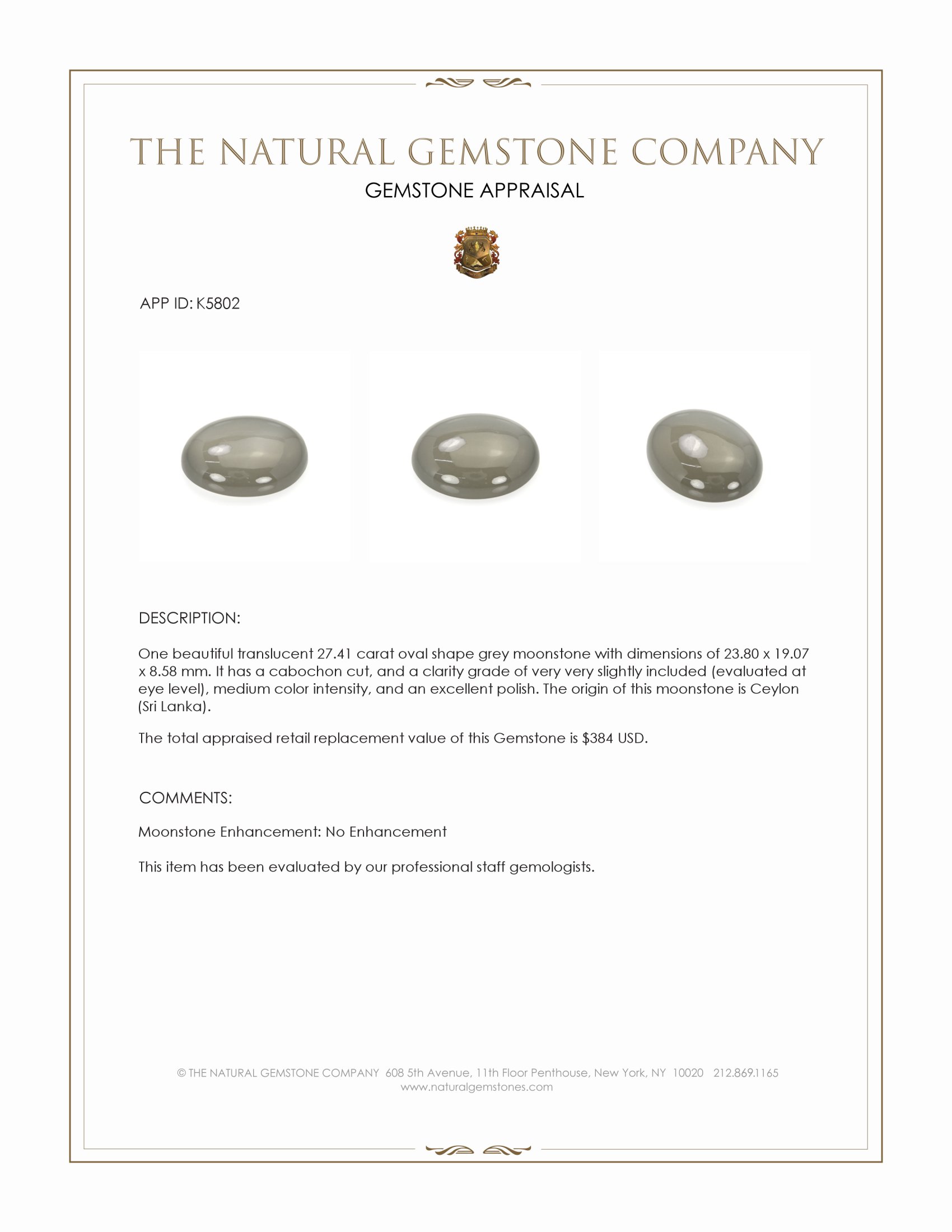 27.41 Ct. Grey Cabochon Moonstone from Ceylon (Sri Lanka)