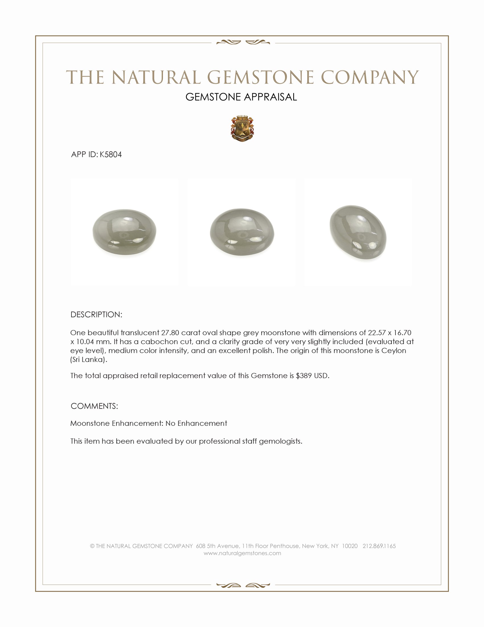 27.80 Ct. Grey Cabochon Moonstone from Ceylon (Sri Lanka)