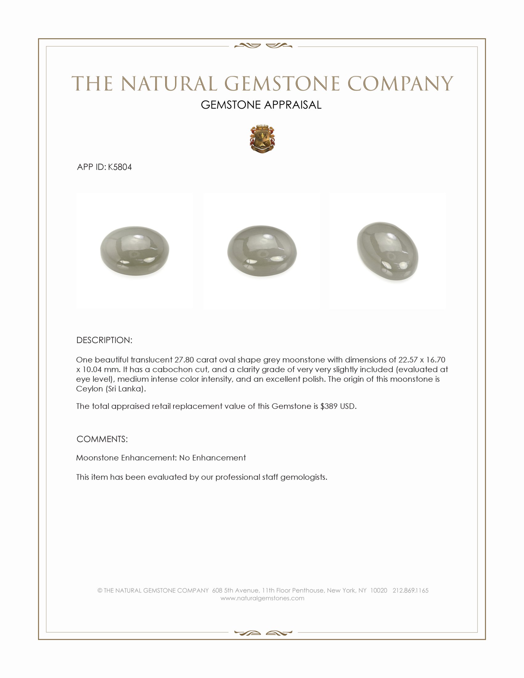 27.80 Ct. Cabochon Moonstone from Ceylon (Sri Lanka)