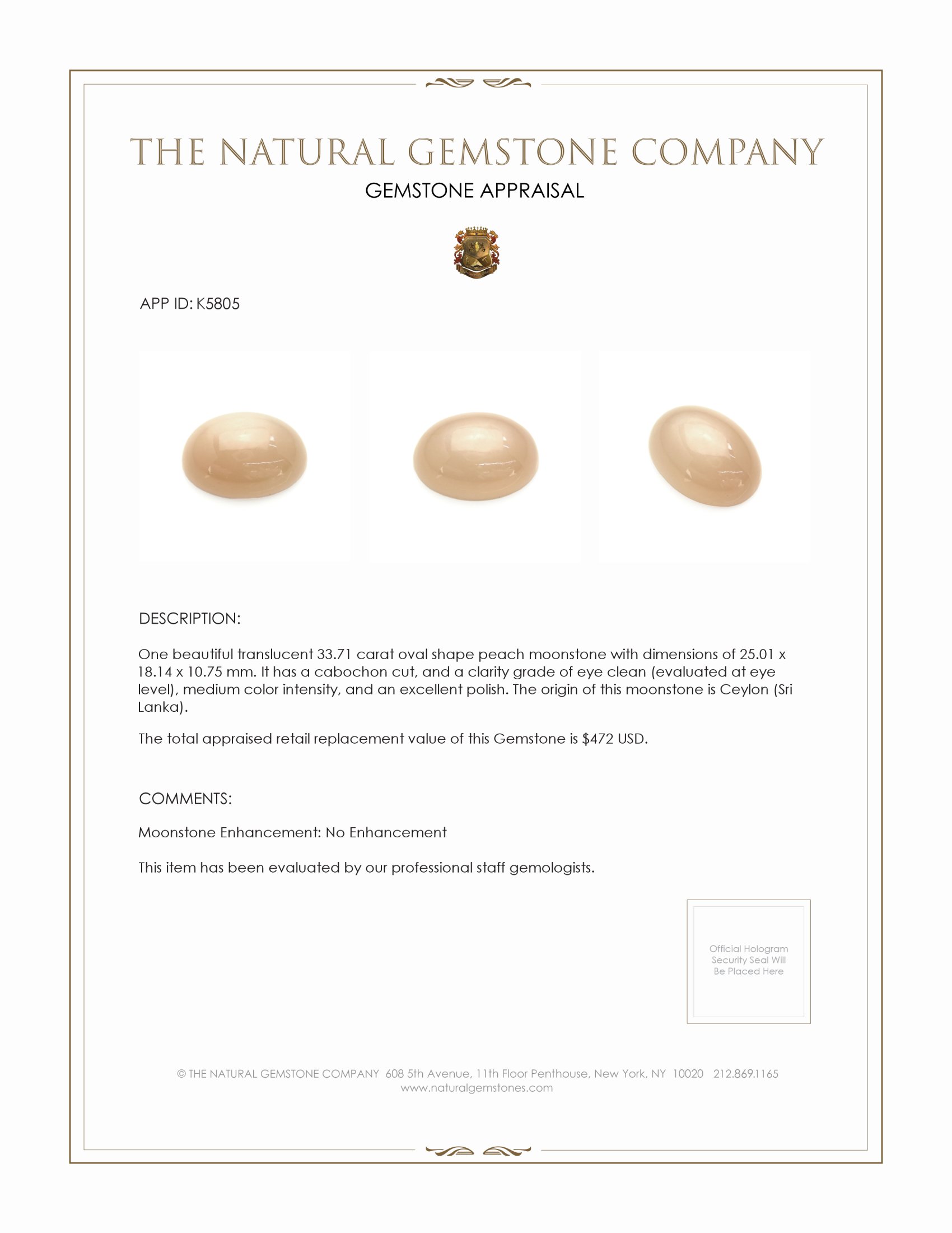 33.71 Ct. Cabochon Moonstone from Ceylon (Sri Lanka)