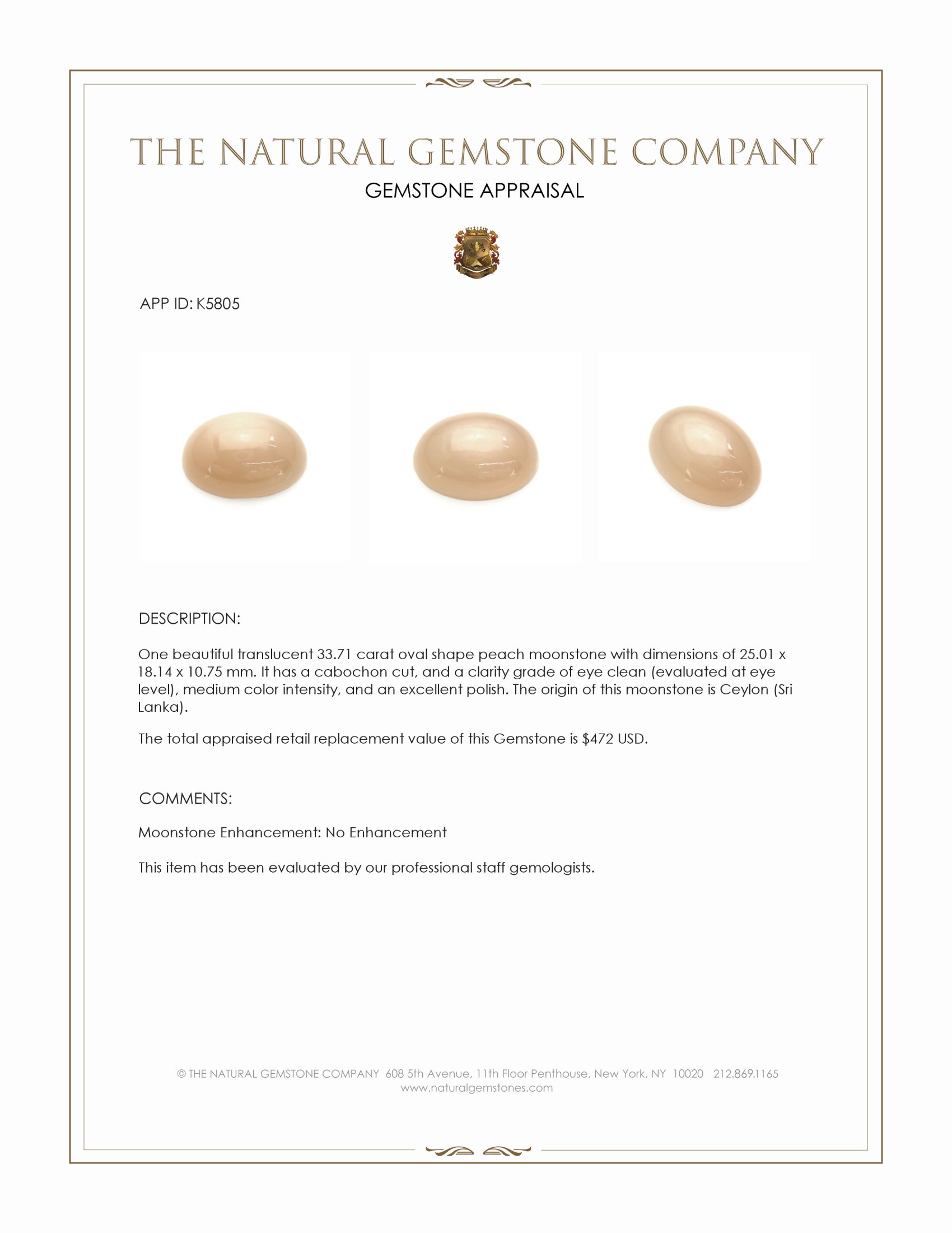 33.71 Ct. Cabochon Moonstone from Ceylon (Sri Lanka)