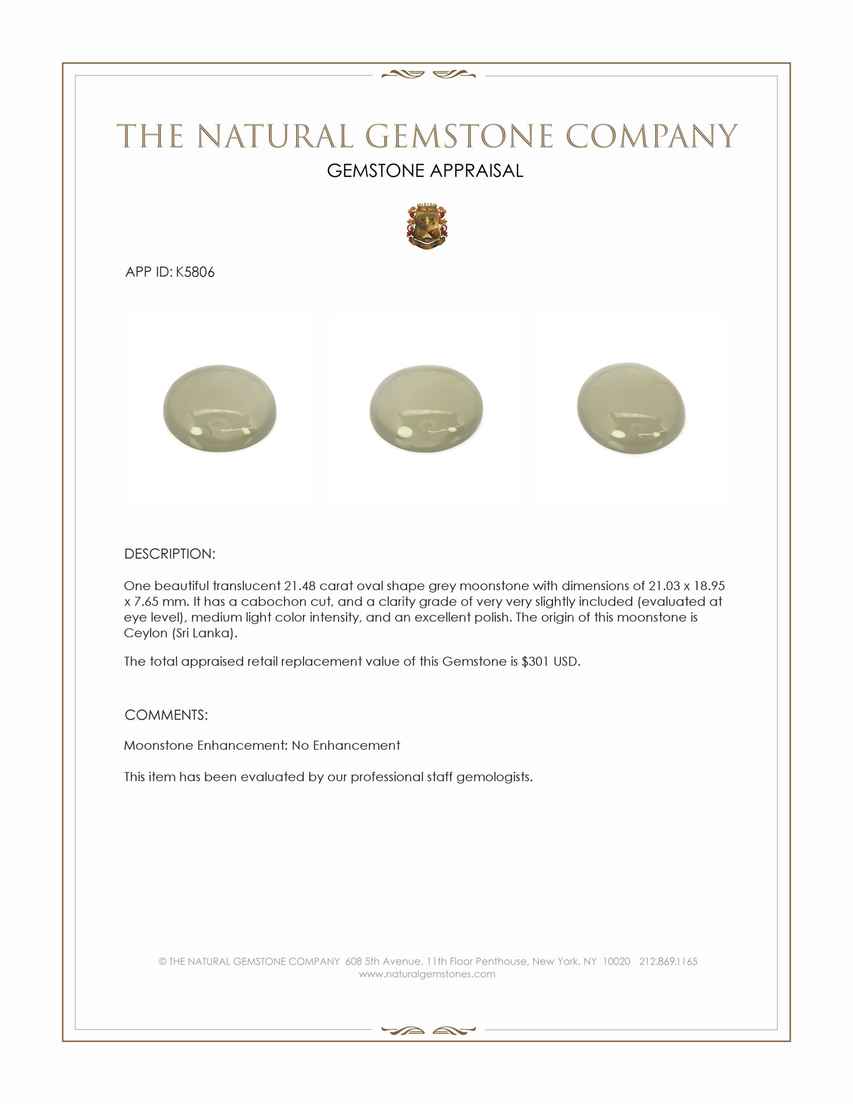 21.48 Ct. Cabochon Moonstone from Ceylon (Sri Lanka)