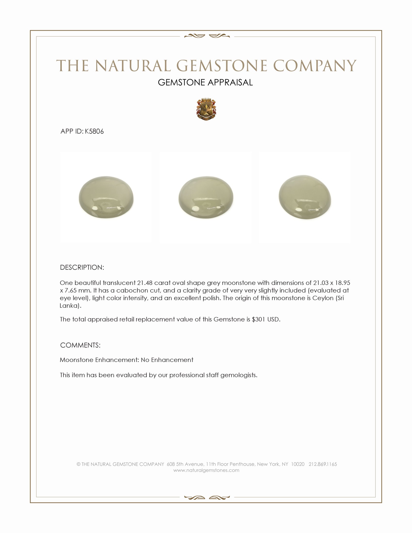 21.48 Ct. Cabochon Moonstone from Ceylon (Sri Lanka)