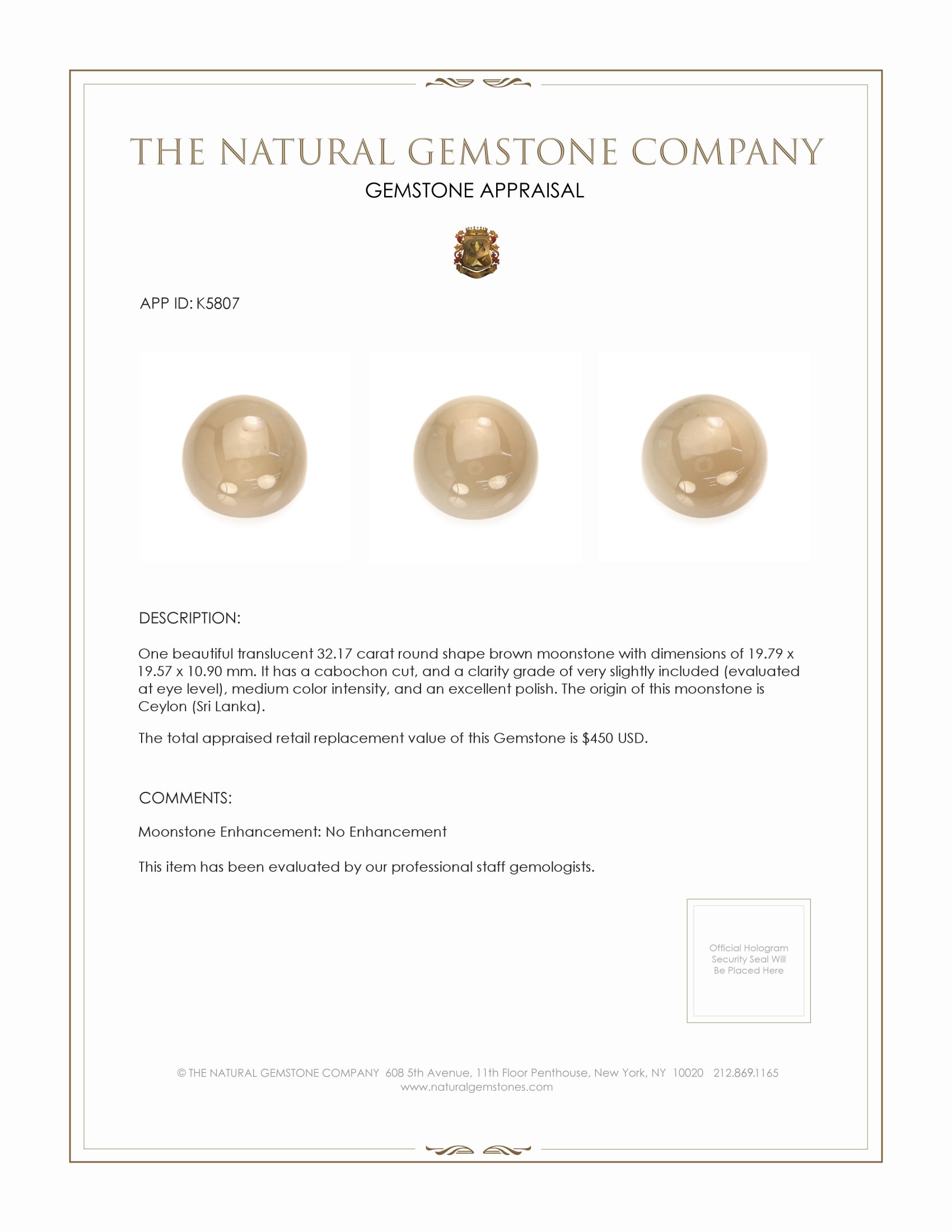 32.17 Ct. Brown Cabochon Moonstone from Ceylon (Sri Lanka)