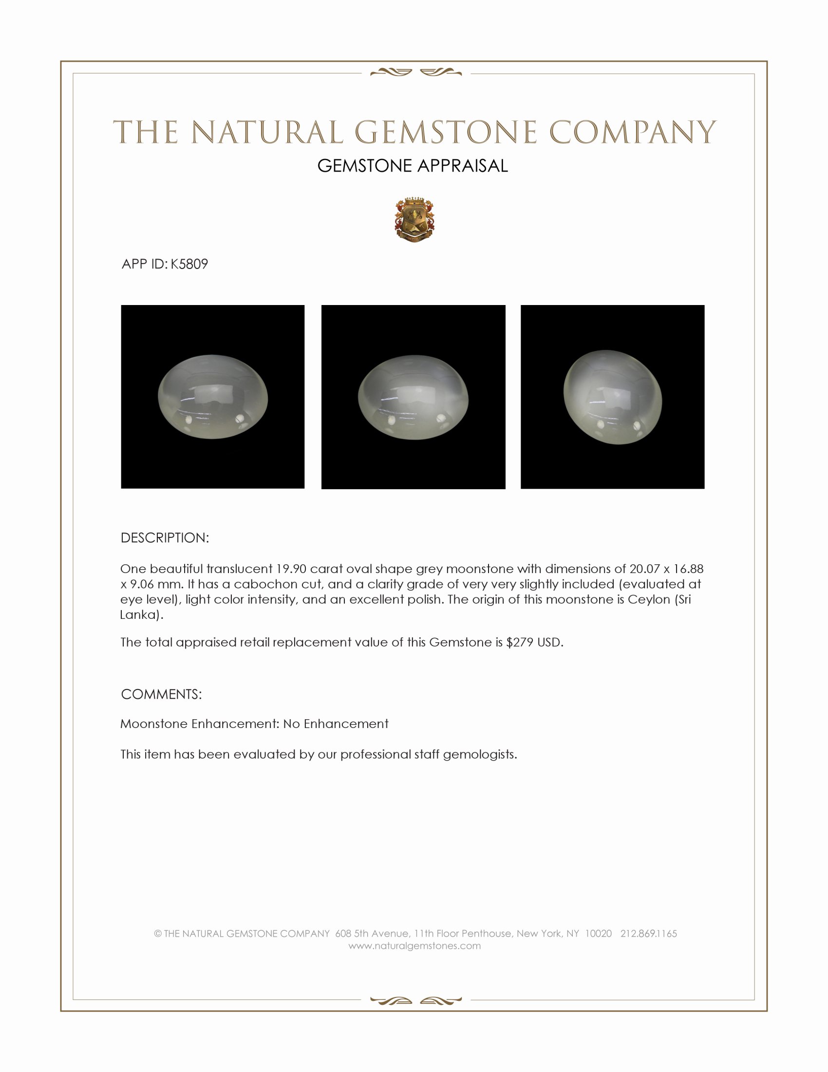 19.90 Ct. Grey Cabochon Moonstone from Ceylon (Sri Lanka)