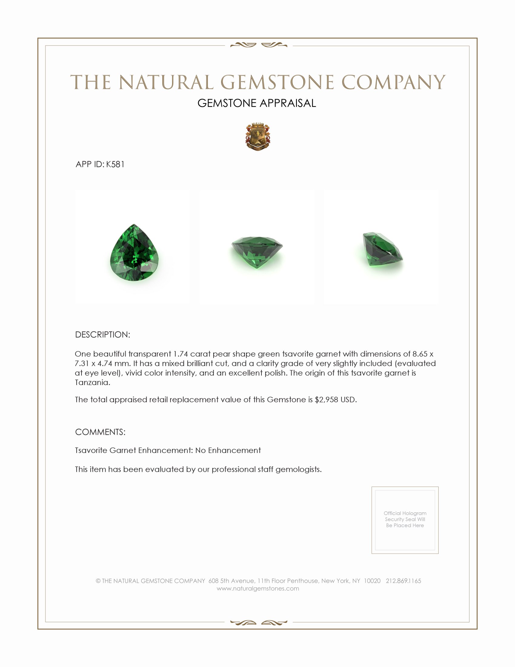 1.74 Ct. Tsavorite Garnet from Tanzania