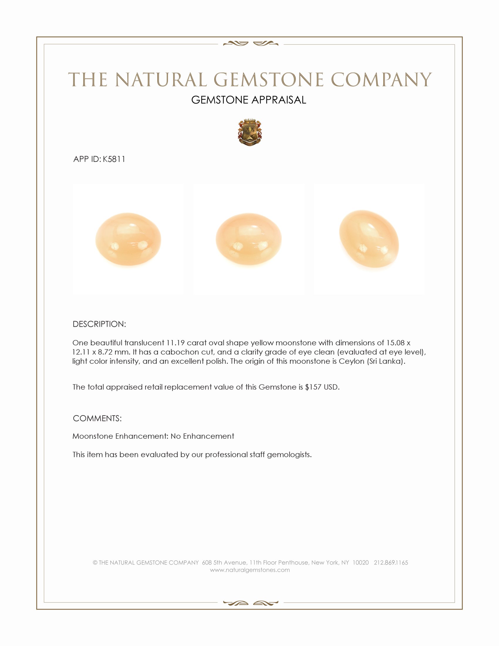 11.19 Ct. Yellow Cabochon Moonstone from Ceylon (Sri Lanka)