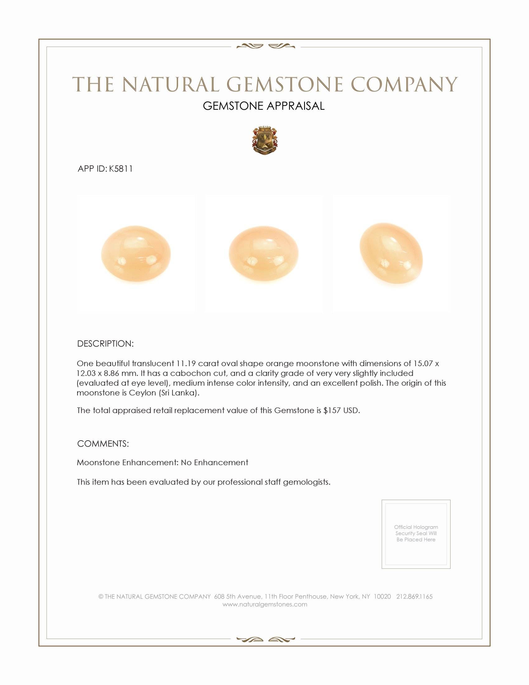 11.19 Ct. Cabochon Moonstone from Ceylon (Sri Lanka)