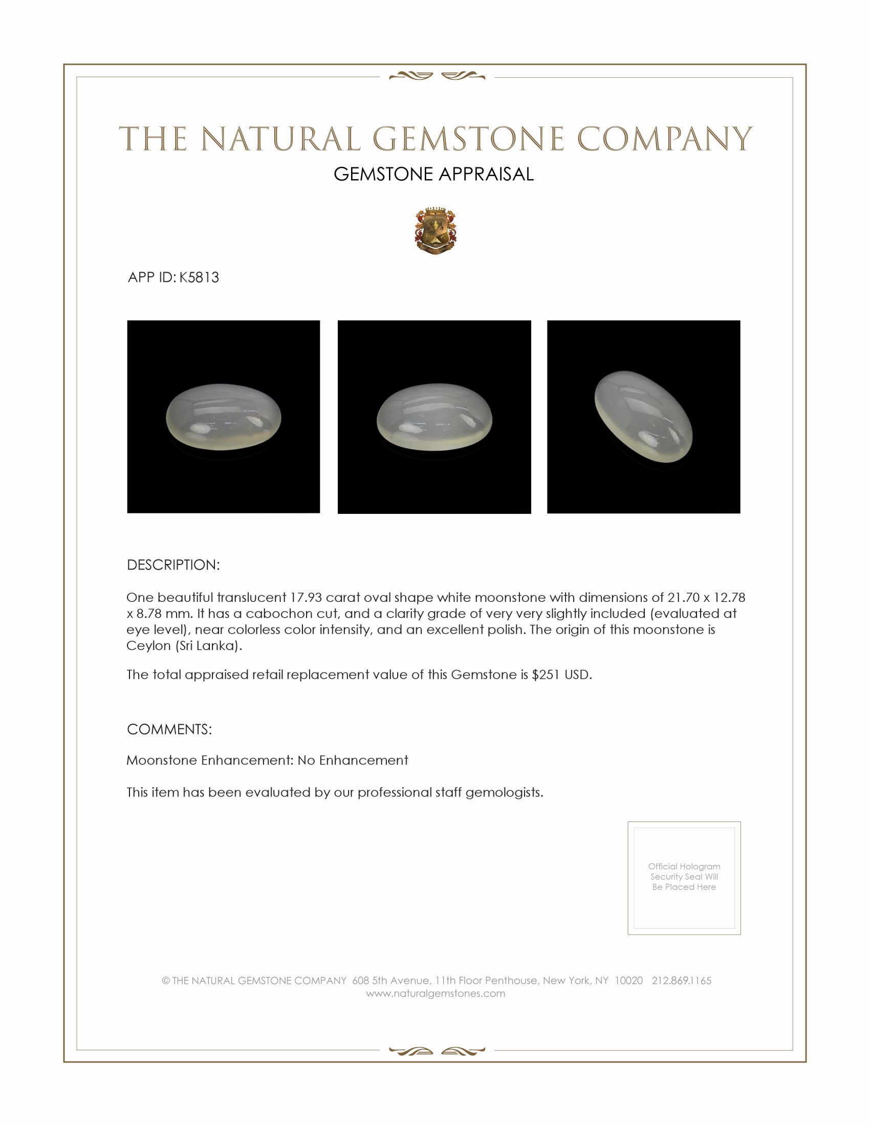 17.93 Ct. Cabochon Moonstone from Ceylon (Sri Lanka)