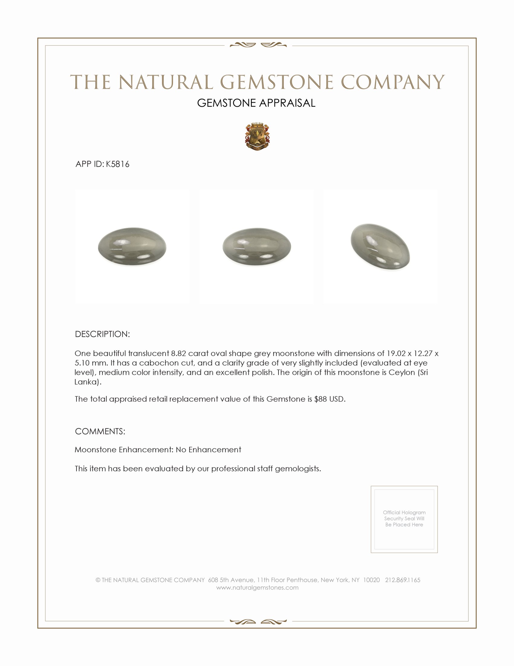 8.82 Ct. Grey Cabochon Moonstone from Ceylon (Sri Lanka)