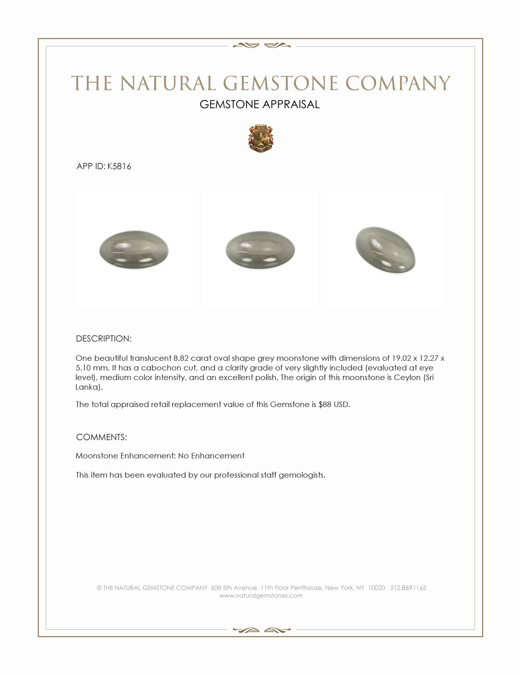 8.82 Ct. Cabochon Moonstone from Ceylon (Sri Lanka)