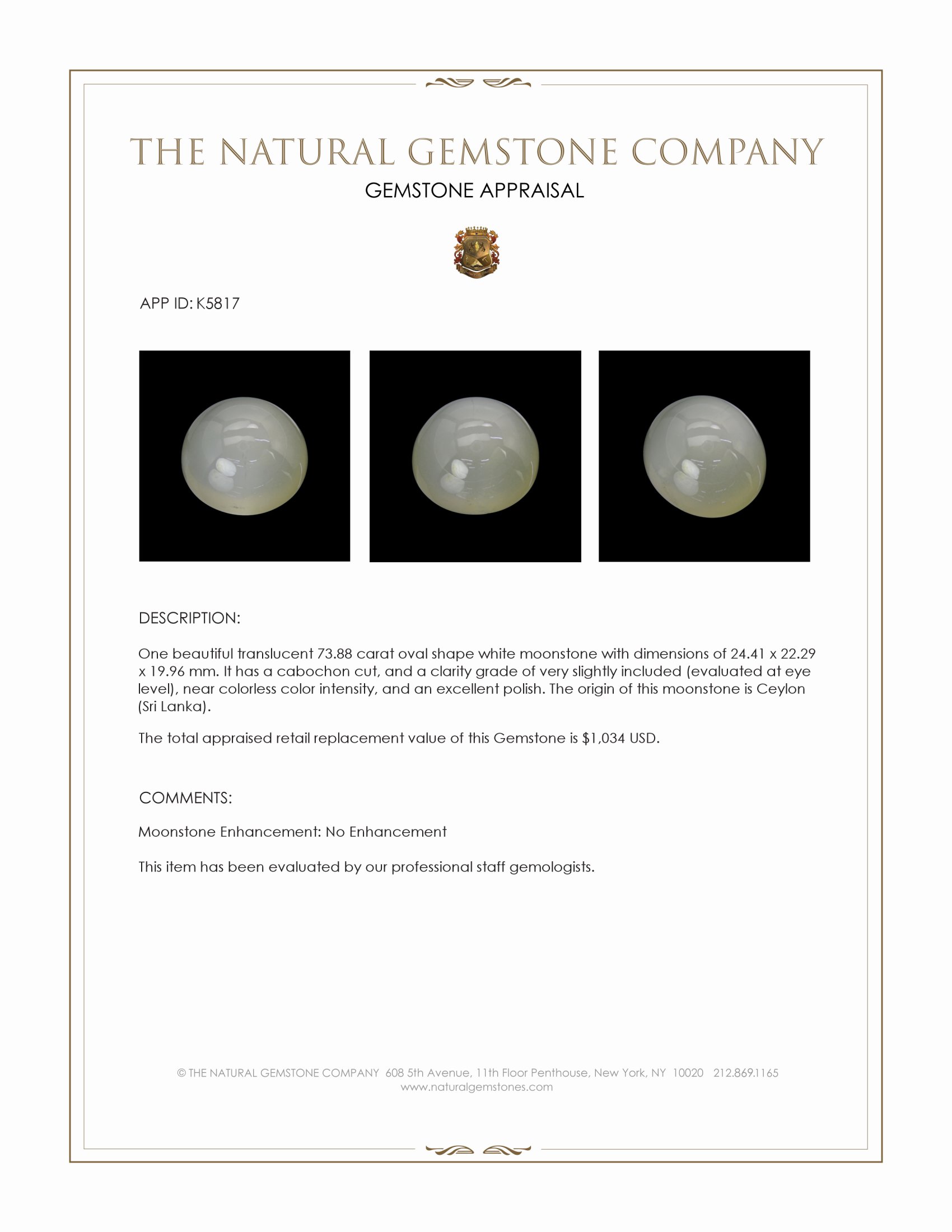 73.88 Ct. White Cabochon Moonstone from Ceylon (Sri Lanka)