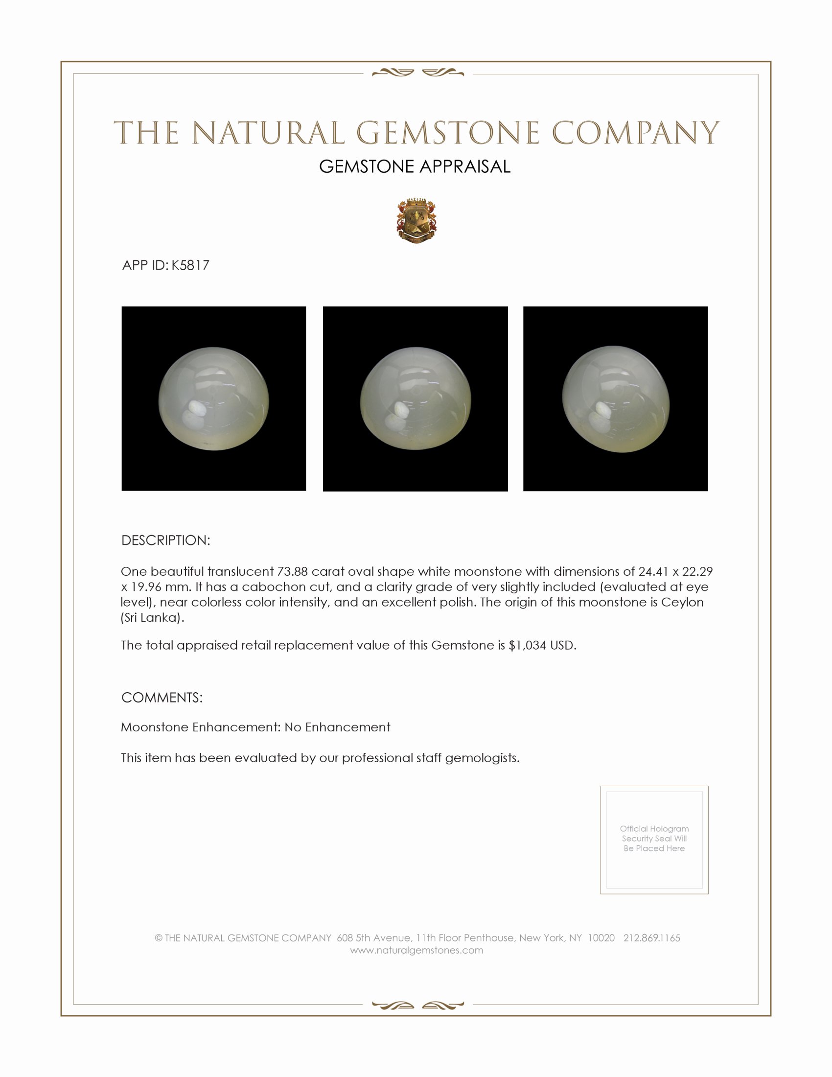 73.88 Ct. Cabochon Moonstone from Ceylon (Sri Lanka)