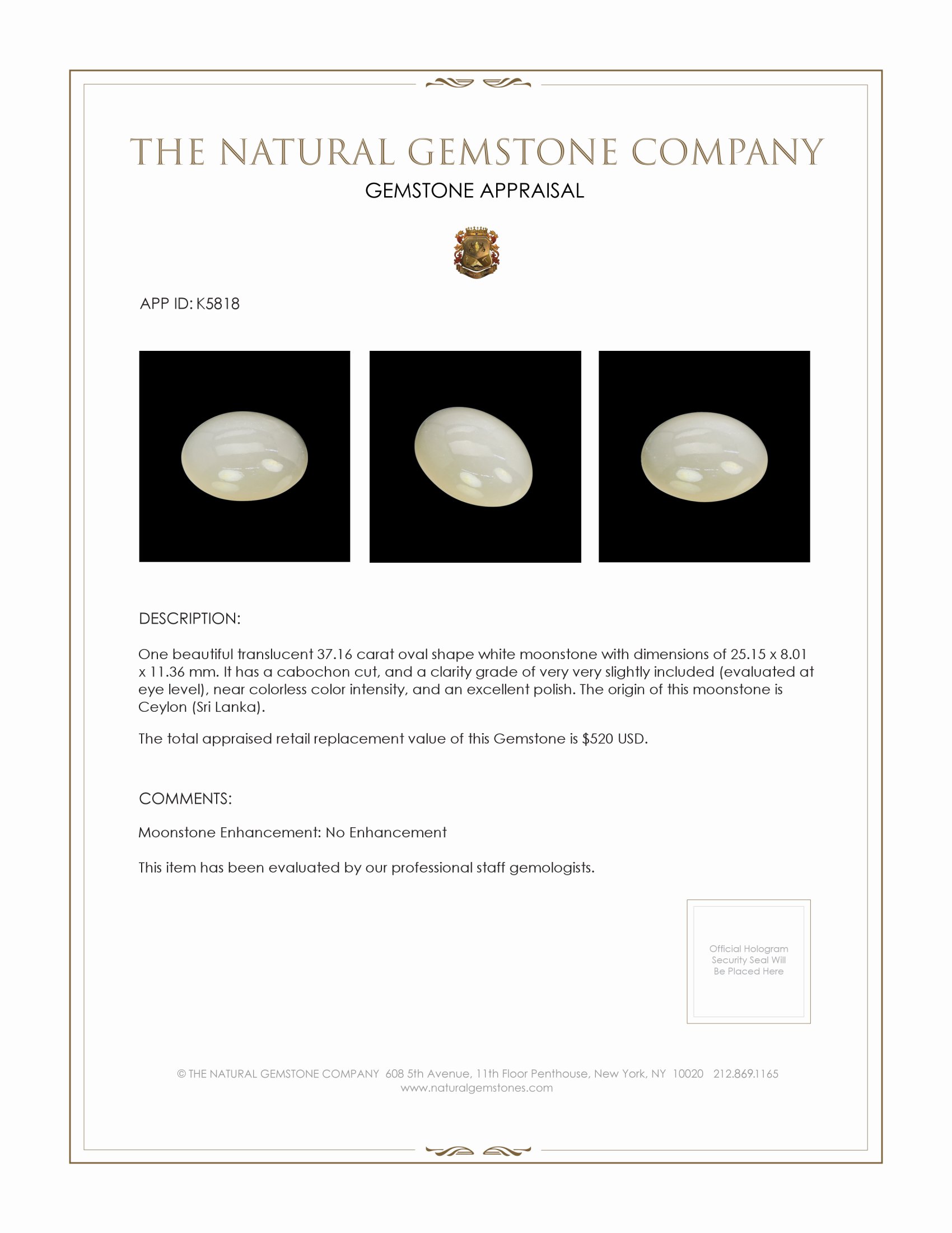 37.16 Ct. Cabochon Moonstone from Ceylon (Sri Lanka)