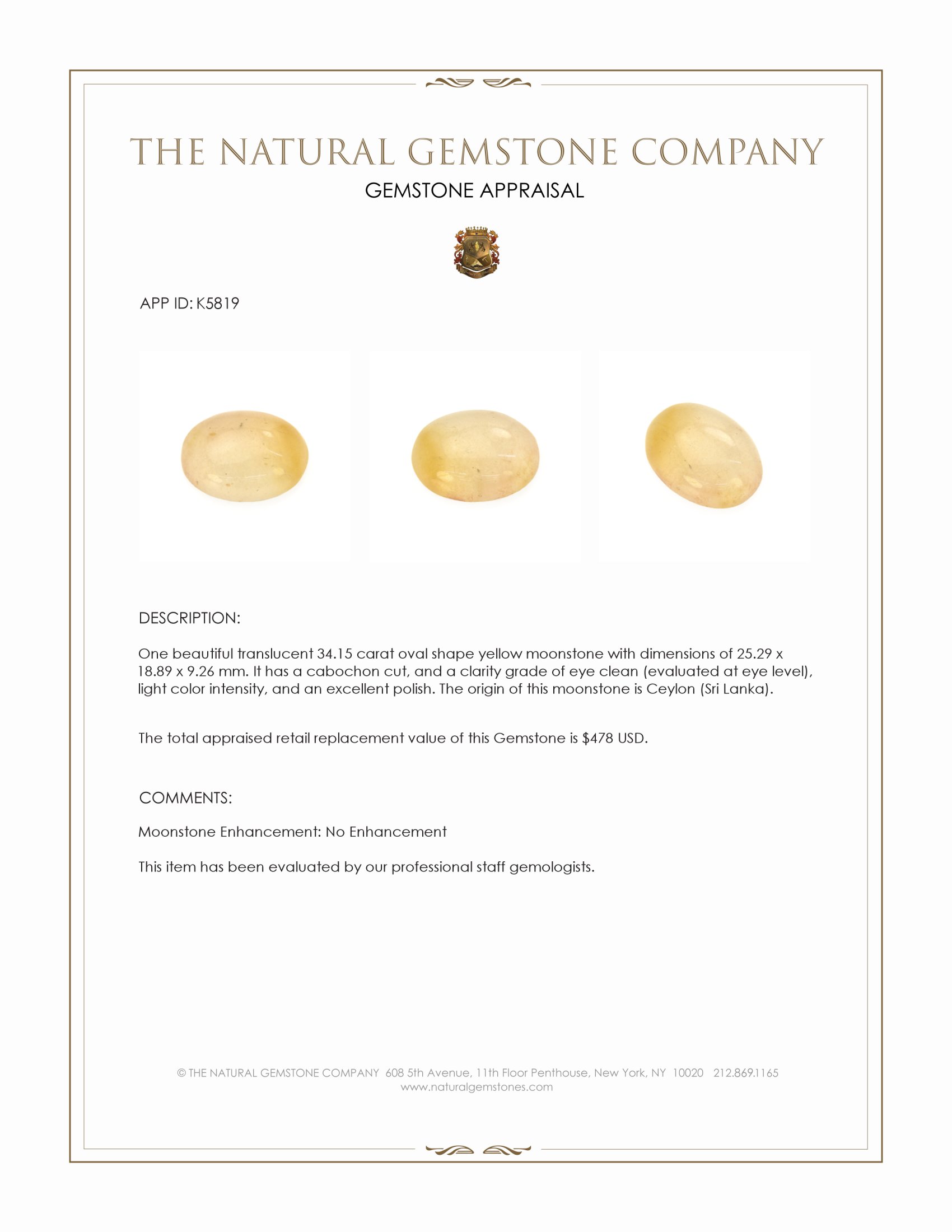 34.15 Ct. Yellow Cabochon Moonstone from Ceylon (Sri Lanka)