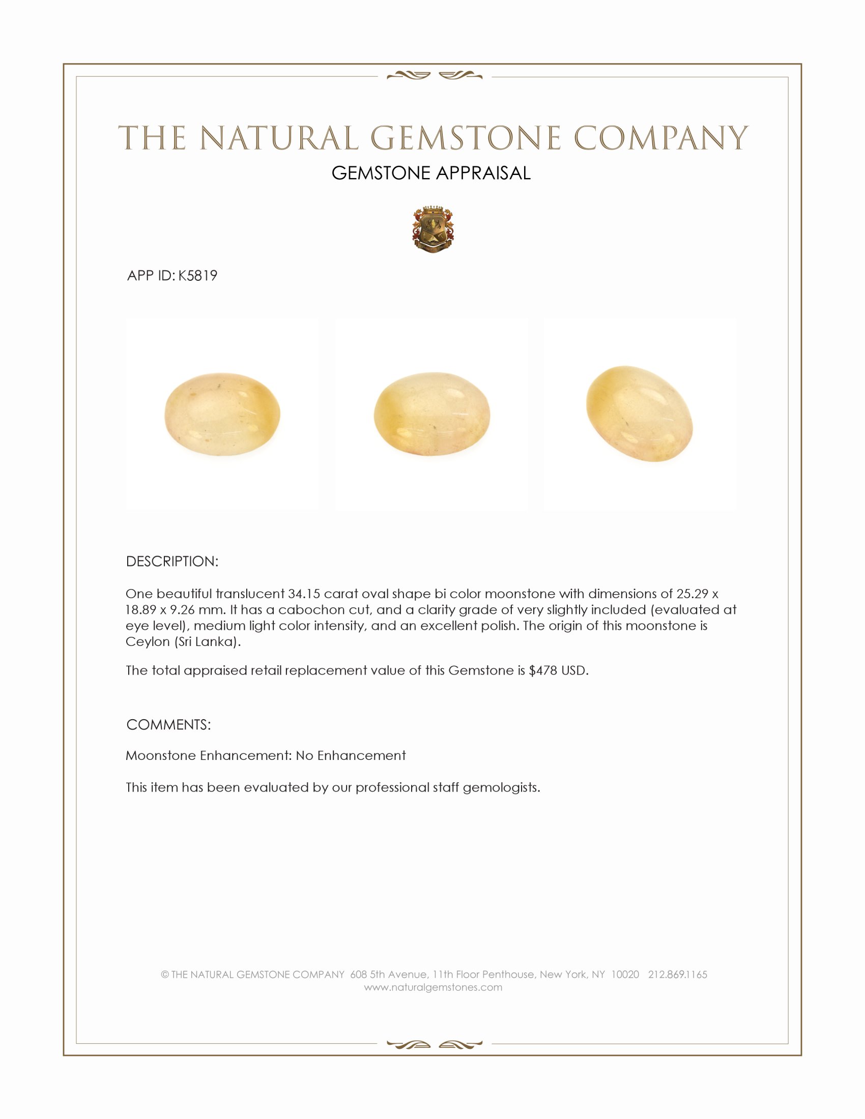 34.15 Ct. Cabochon Moonstone from Ceylon (Sri Lanka)