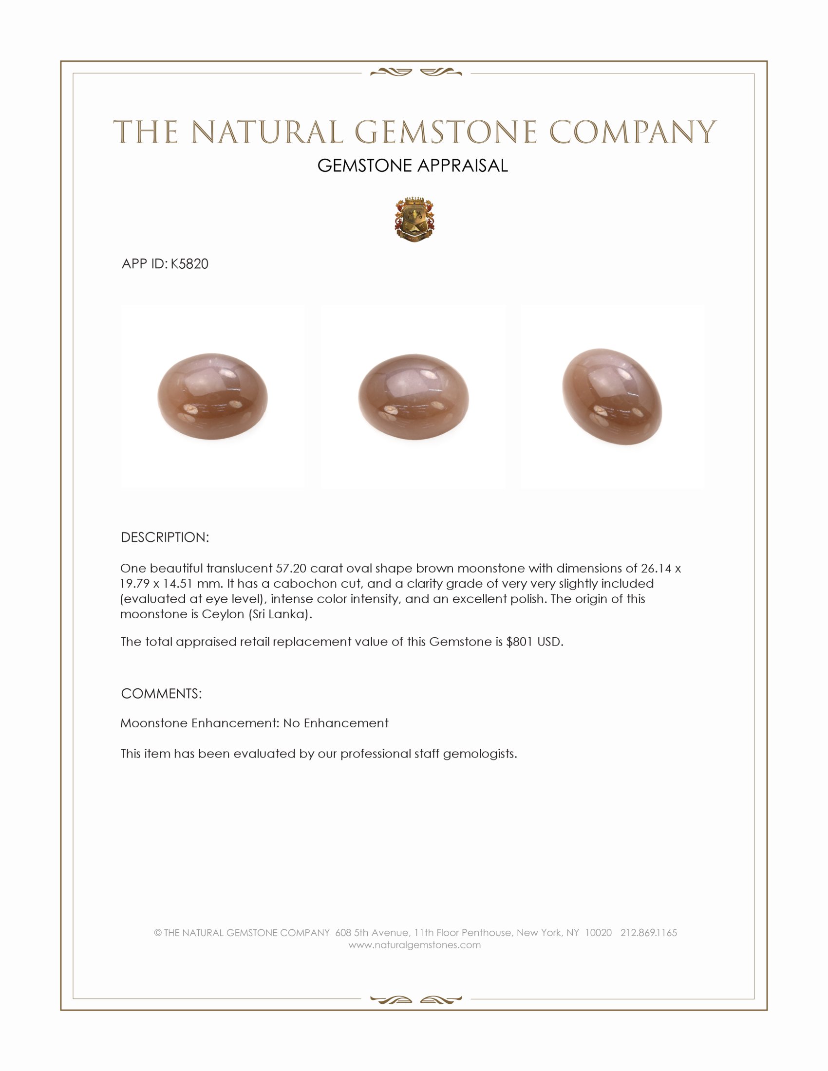 57.20 Ct. Brown Cabochon Moonstone from Ceylon (Sri Lanka)