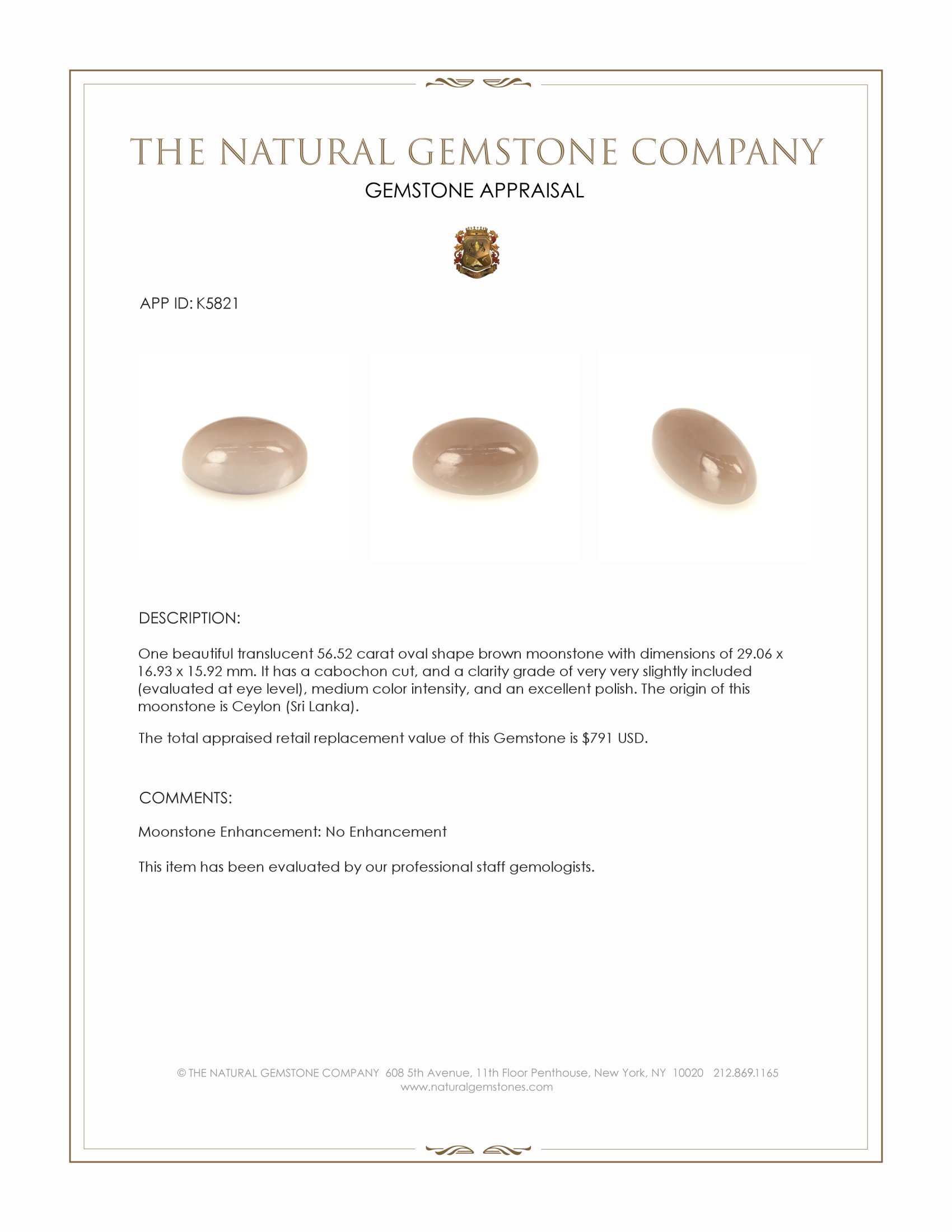 56.52 Ct. Cabochon Moonstone from Ceylon (Sri Lanka)