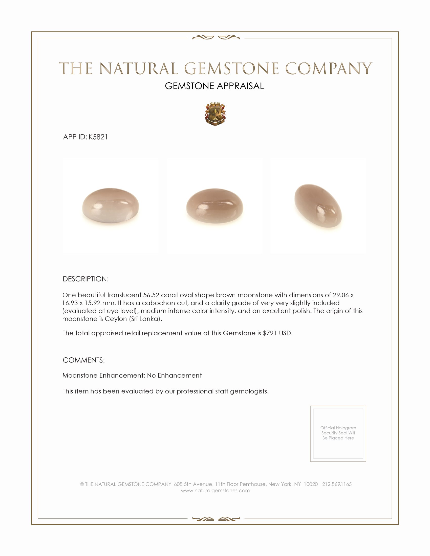 56.52 Ct. Cabochon Moonstone from Ceylon (Sri Lanka)