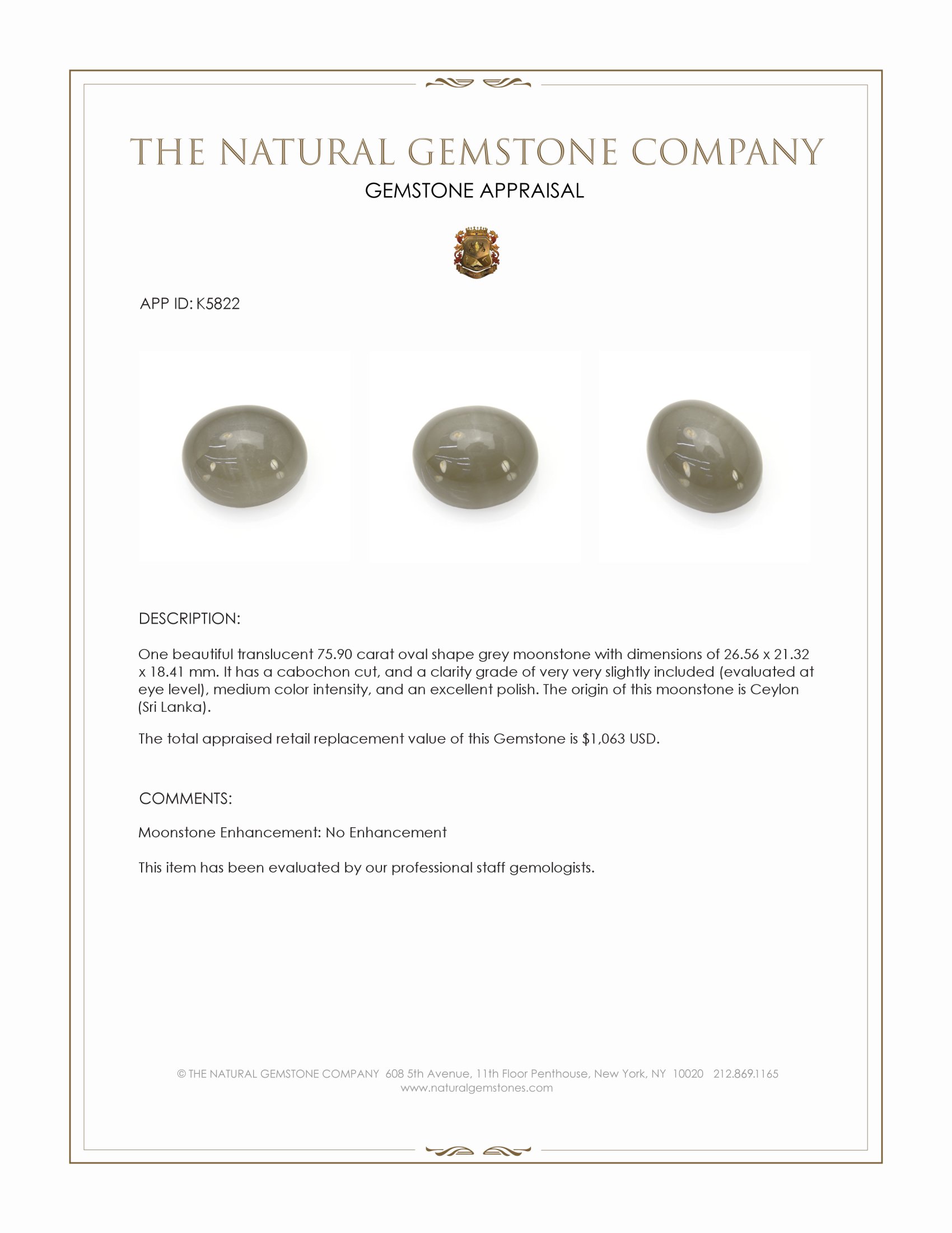 75.90 Ct. Grey Cabochon Moonstone from Ceylon (Sri Lanka)