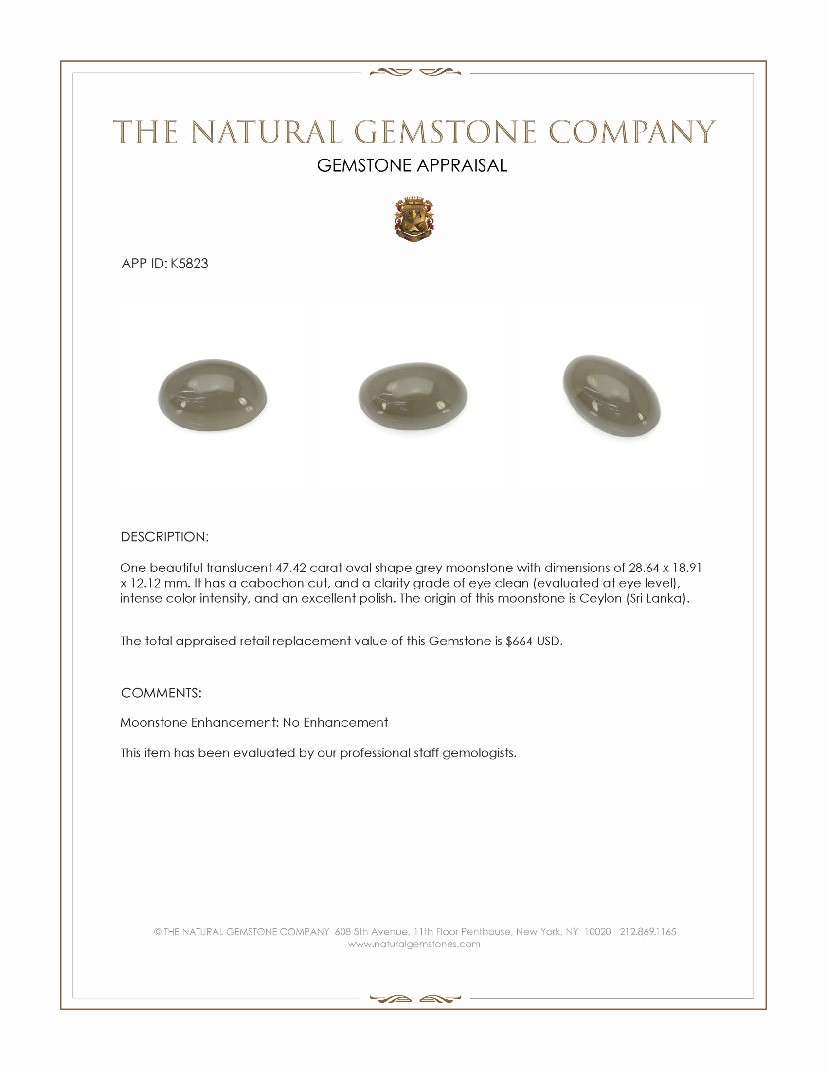 47.42 Ct. Grey Cabochon Moonstone from Ceylon (Sri Lanka)