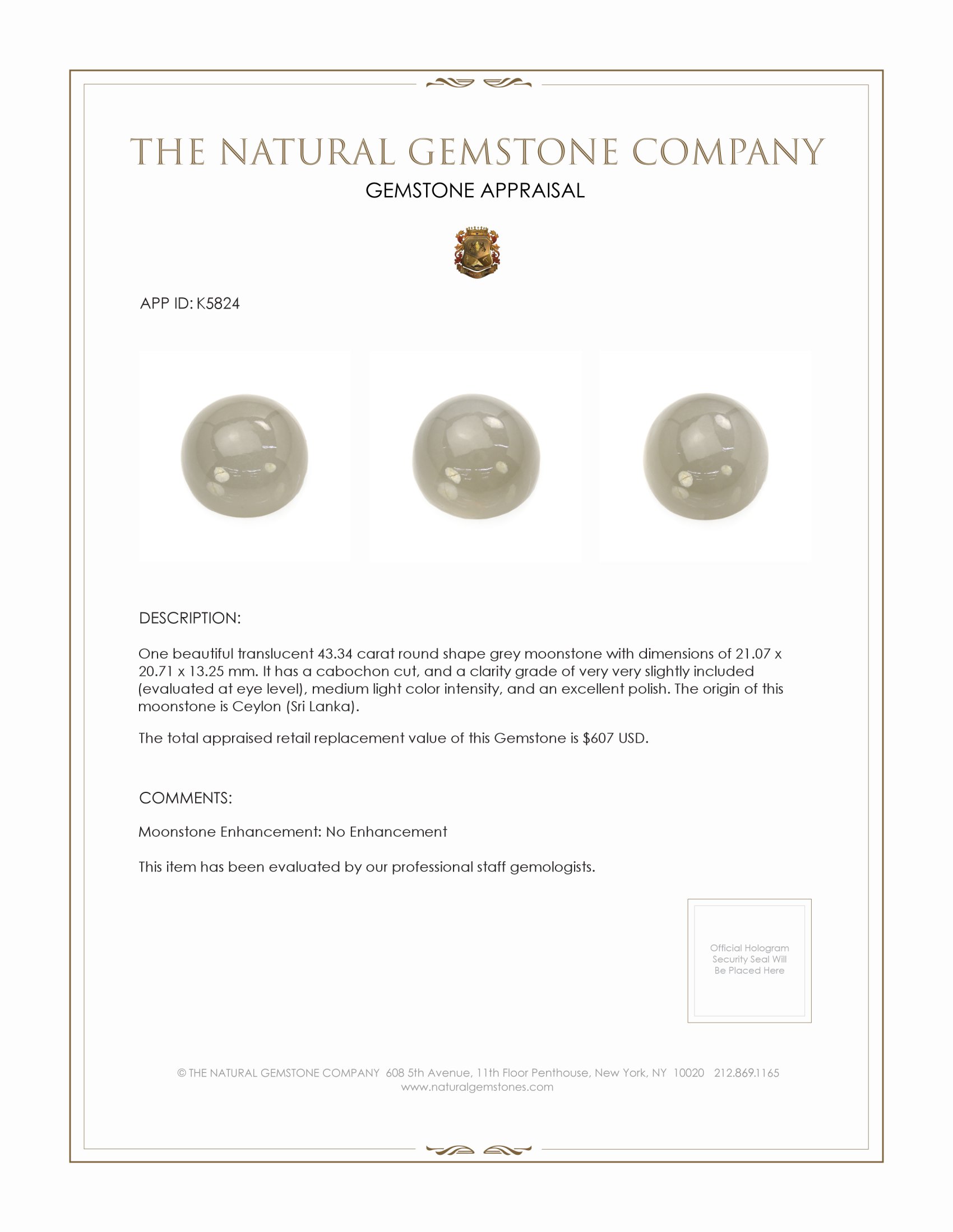 43.34 Ct. Cabochon Moonstone from Ceylon (Sri Lanka)