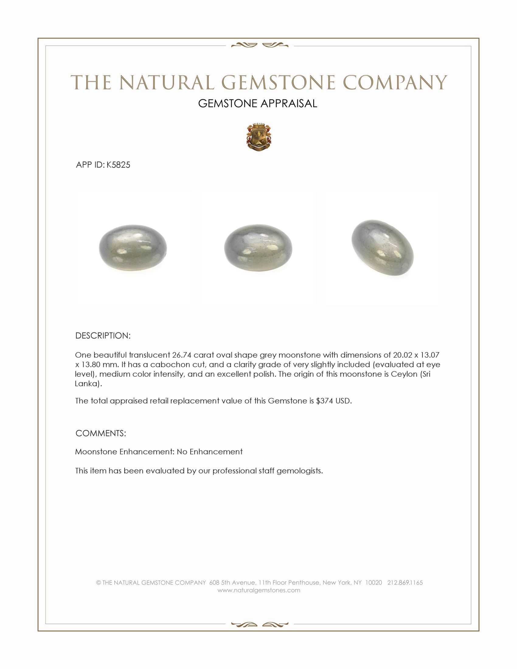 26.74 Ct. Grey Cabochon Moonstone from Ceylon (Sri Lanka)