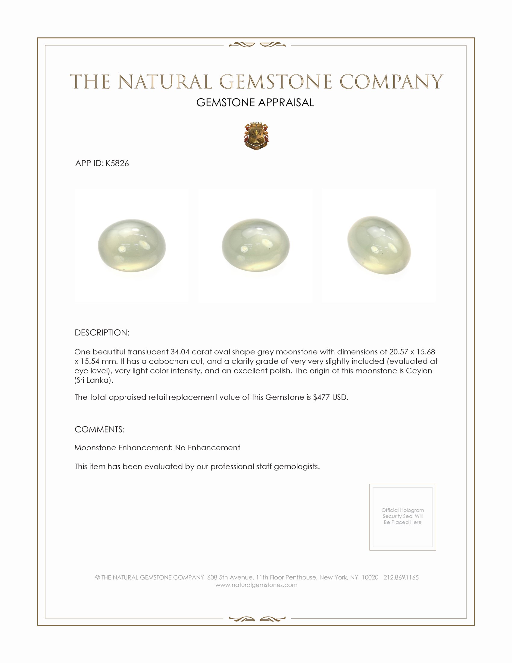34.04 Ct. Cabochon Moonstone from Ceylon (Sri Lanka)