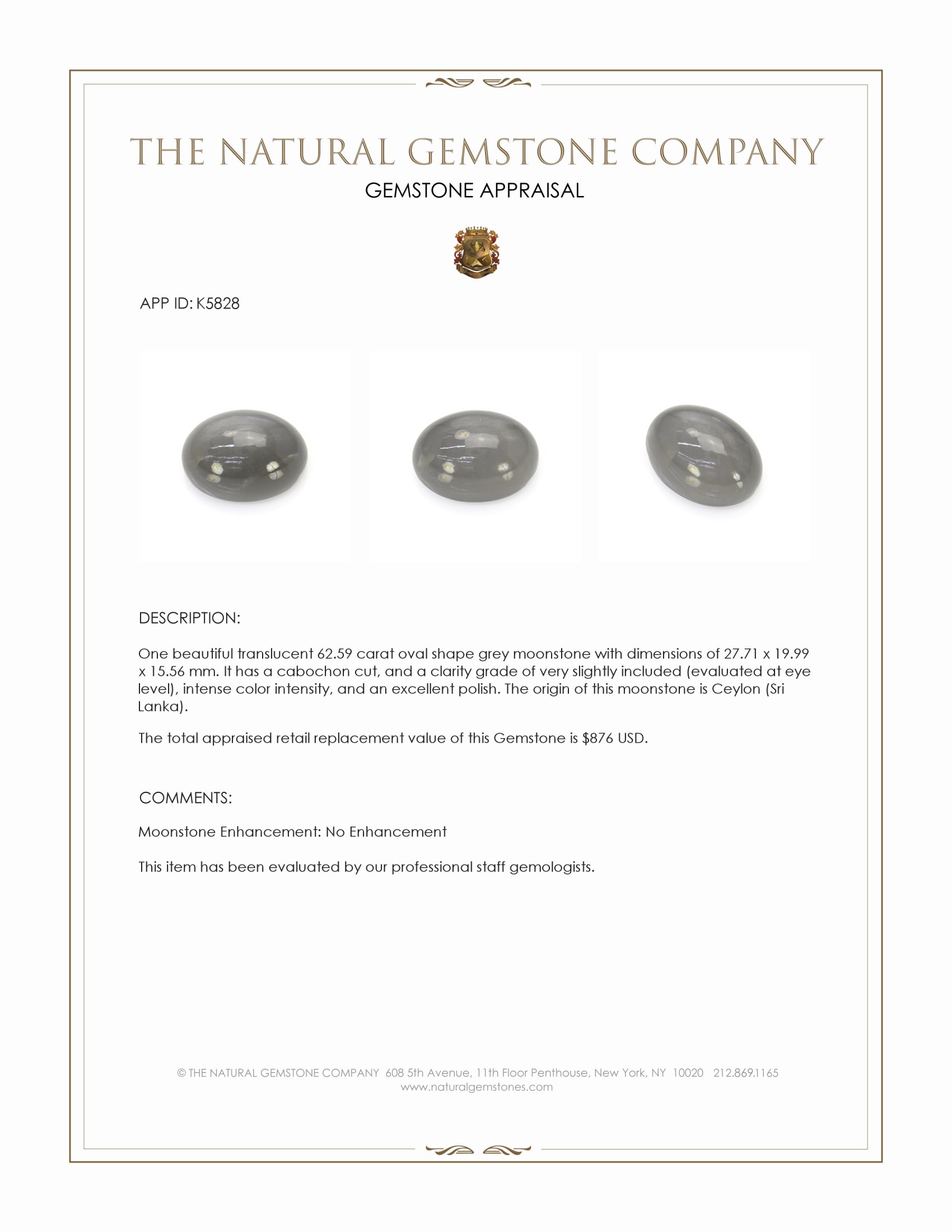 62.59 Ct. Grey Cabochon Moonstone from Ceylon (Sri Lanka)