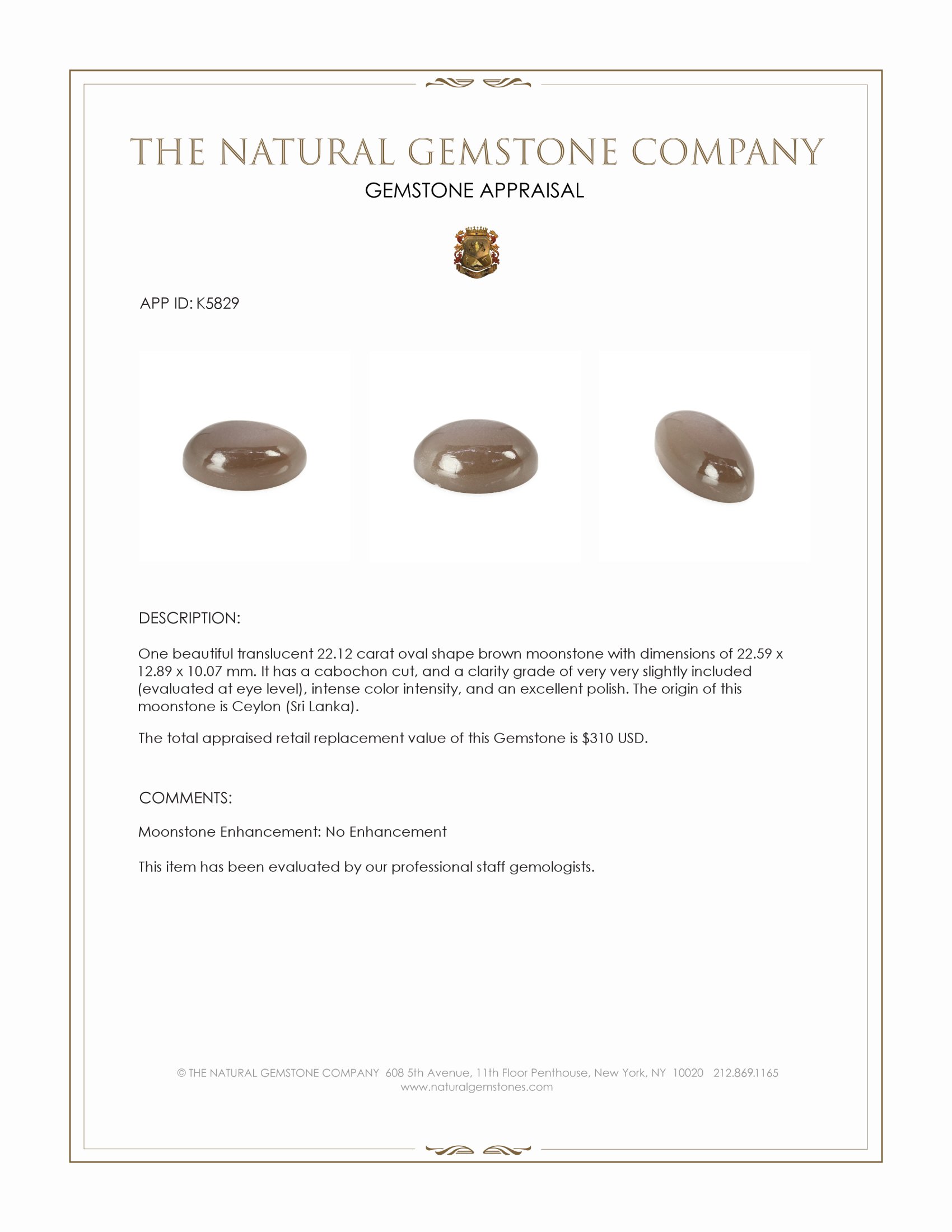 22.12 Ct. Brown Cabochon Moonstone from Ceylon (Sri Lanka)