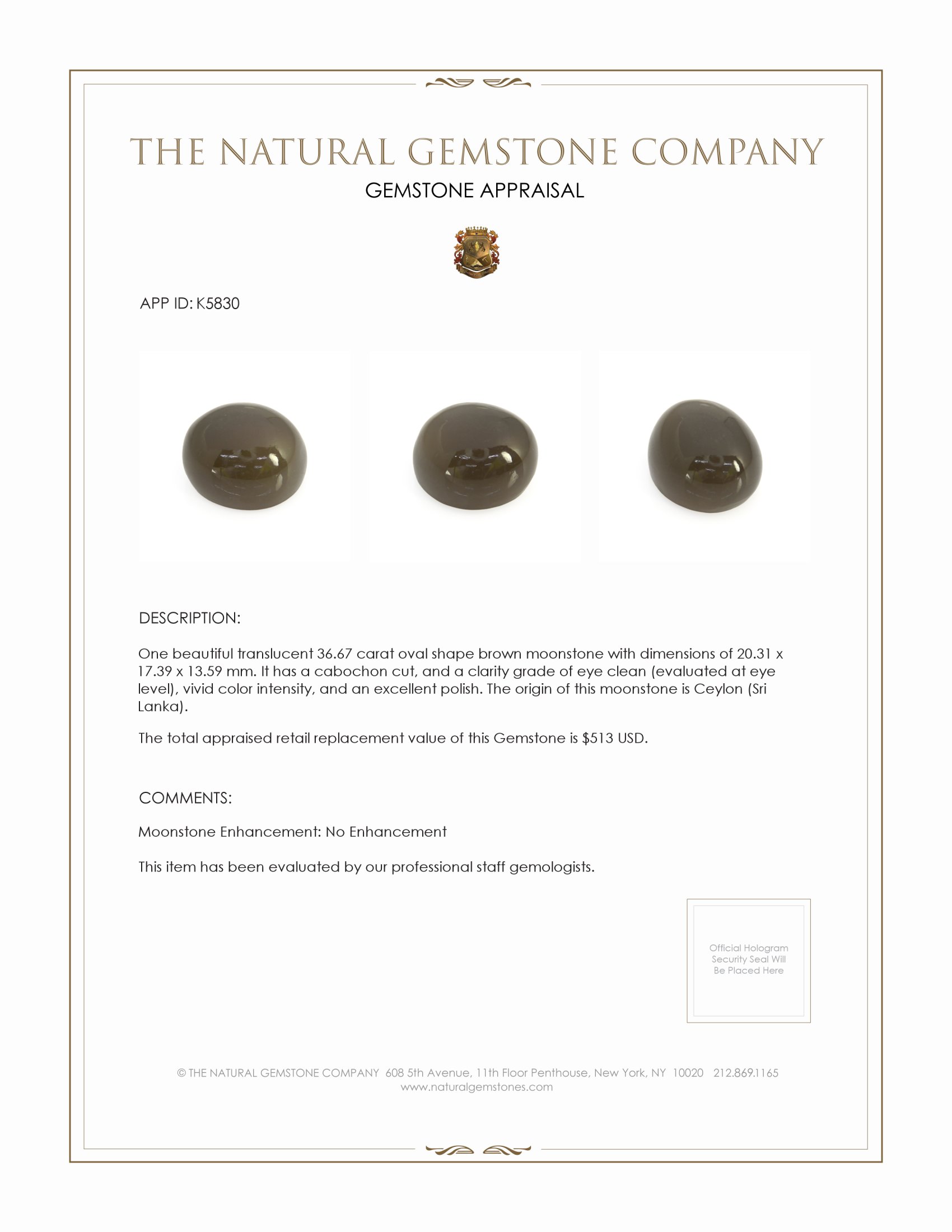 36.67 Ct. Brown Cabochon Moonstone from Ceylon (Sri Lanka)