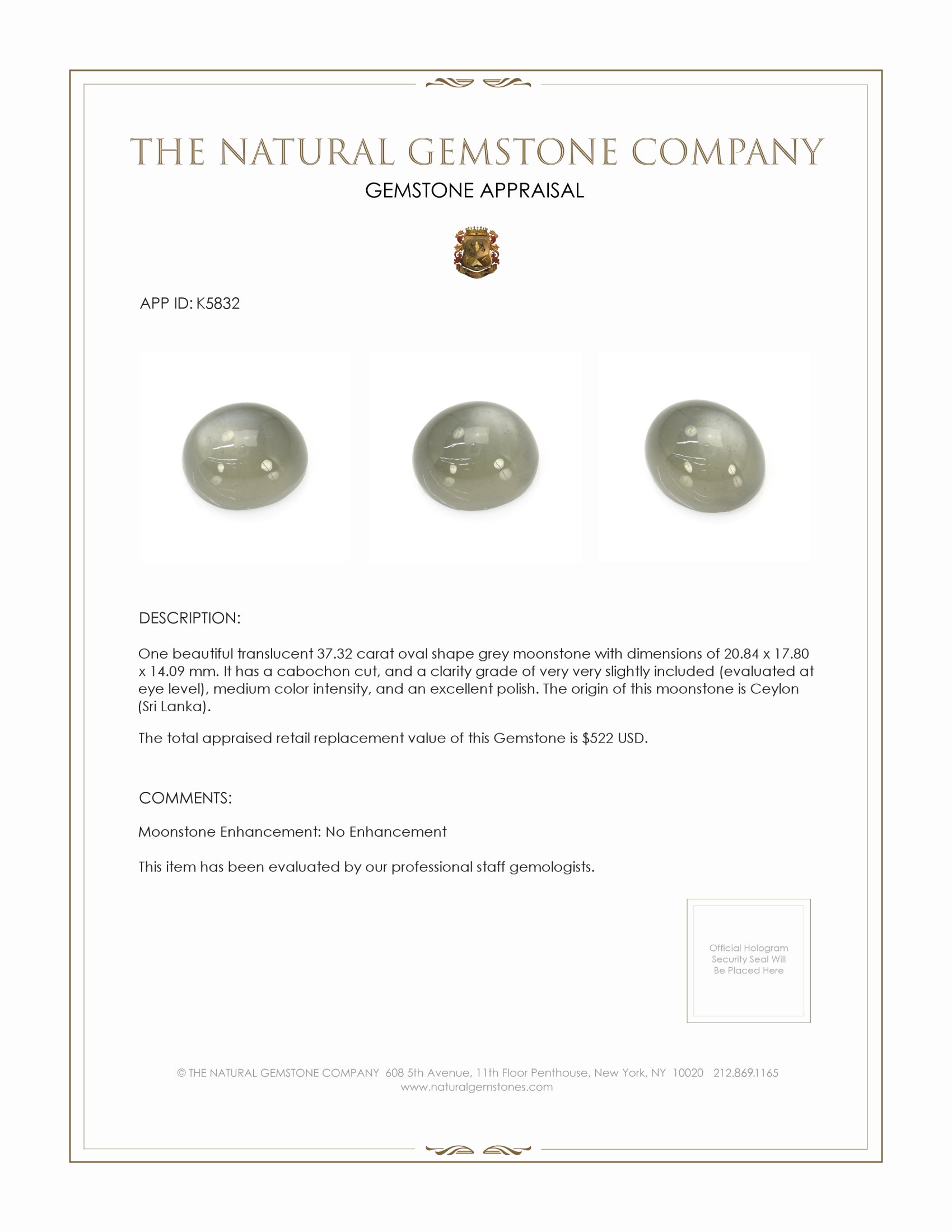 37.32 Ct. Cabochon Moonstone from Ceylon (Sri Lanka)