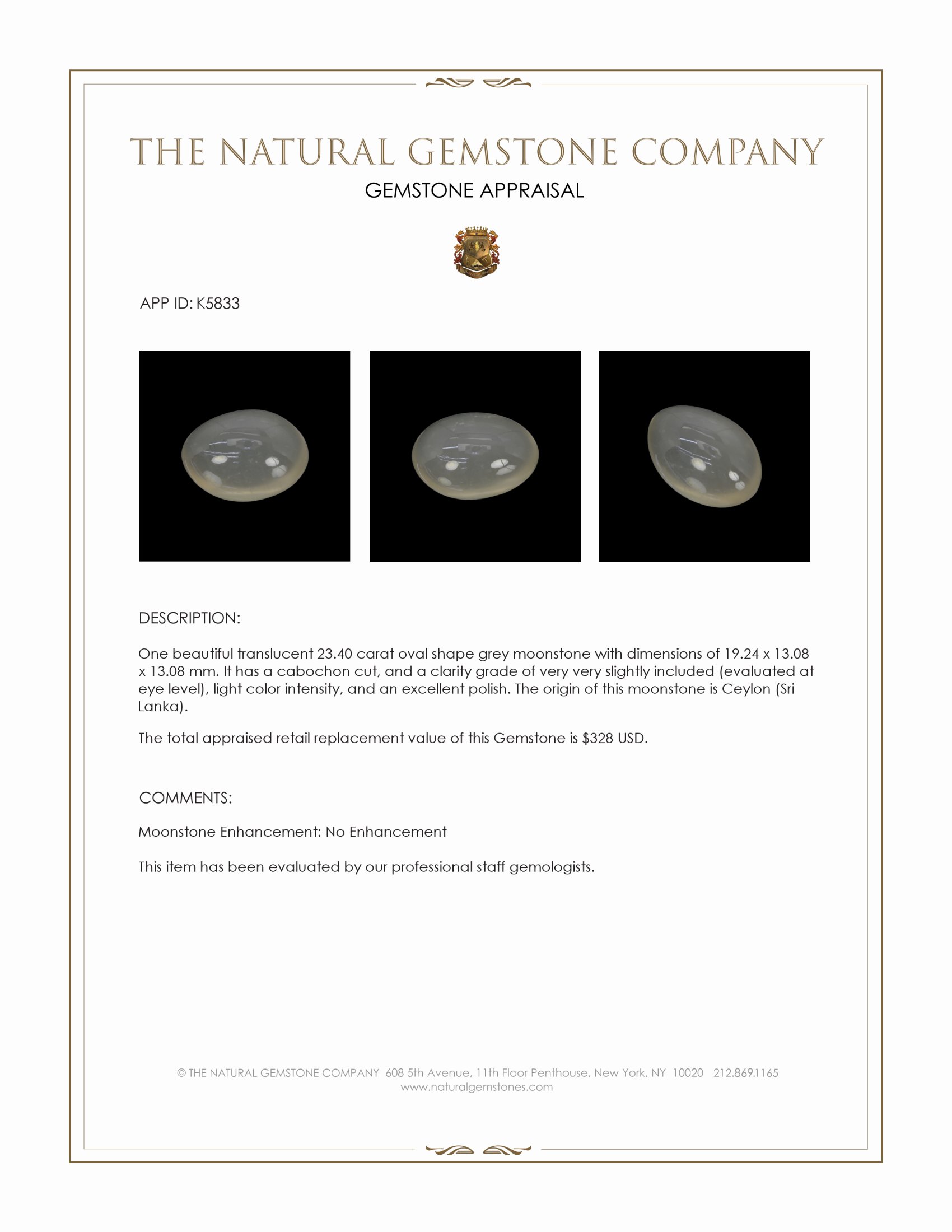 23.40 Ct. Grey Cabochon Moonstone from Ceylon (Sri Lanka)