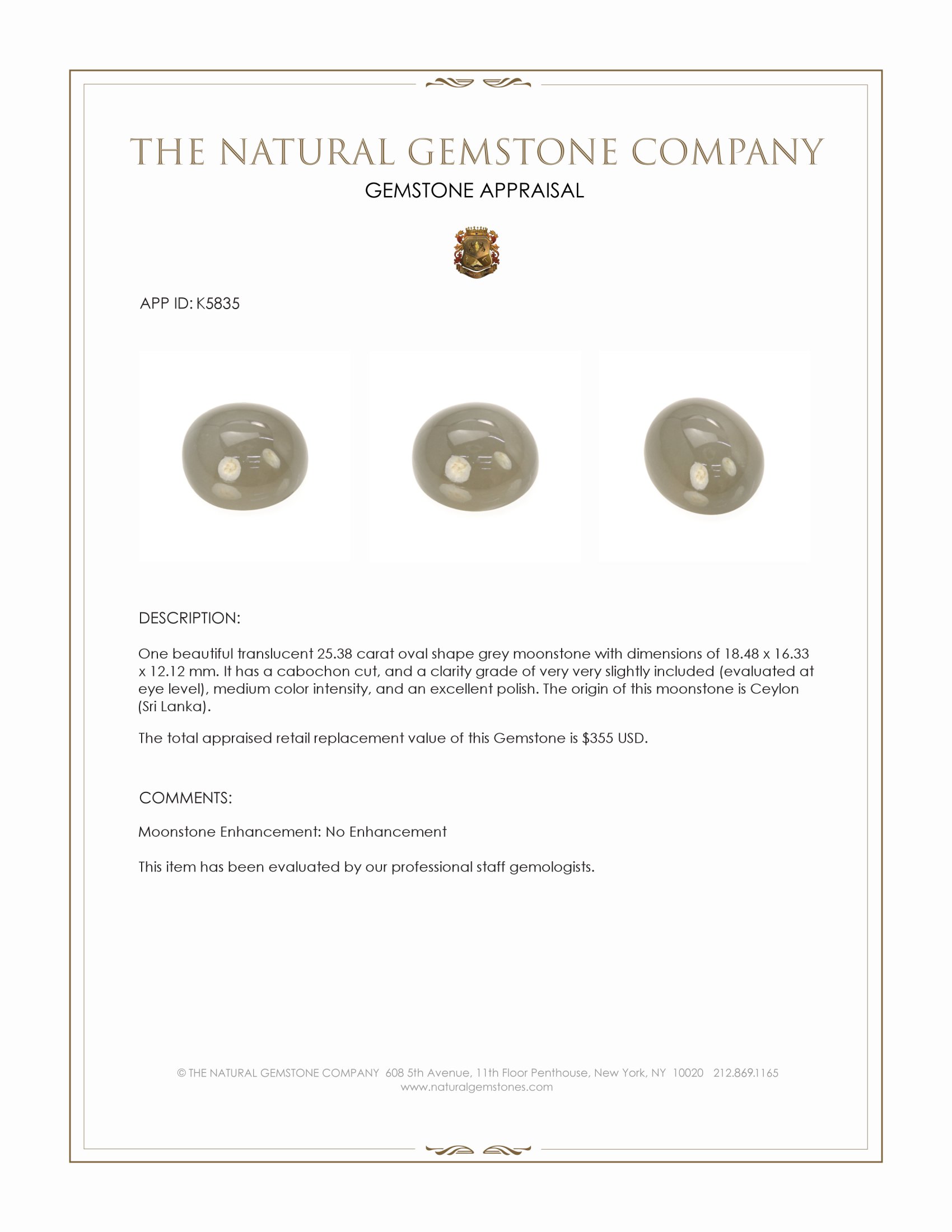 25.38 Ct. Grey Cabochon Moonstone from Ceylon (Sri Lanka)