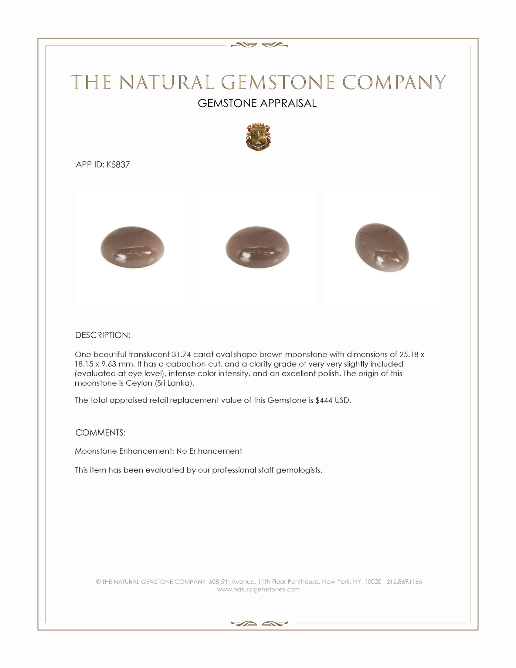 31.74 Ct. Brown Cabochon Moonstone from Ceylon (Sri Lanka)