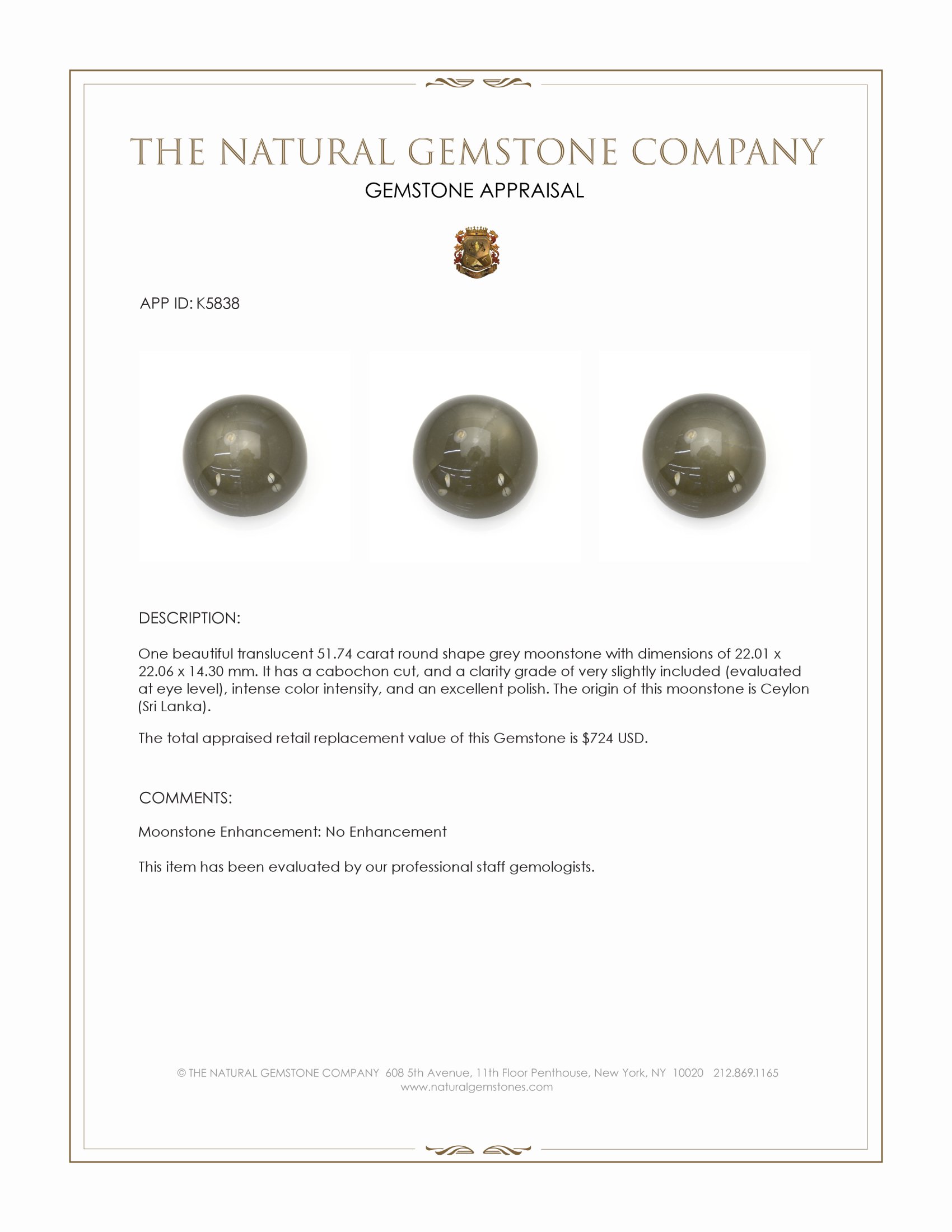 51.74 Ct. Grey Cabochon Moonstone from Ceylon (Sri Lanka)