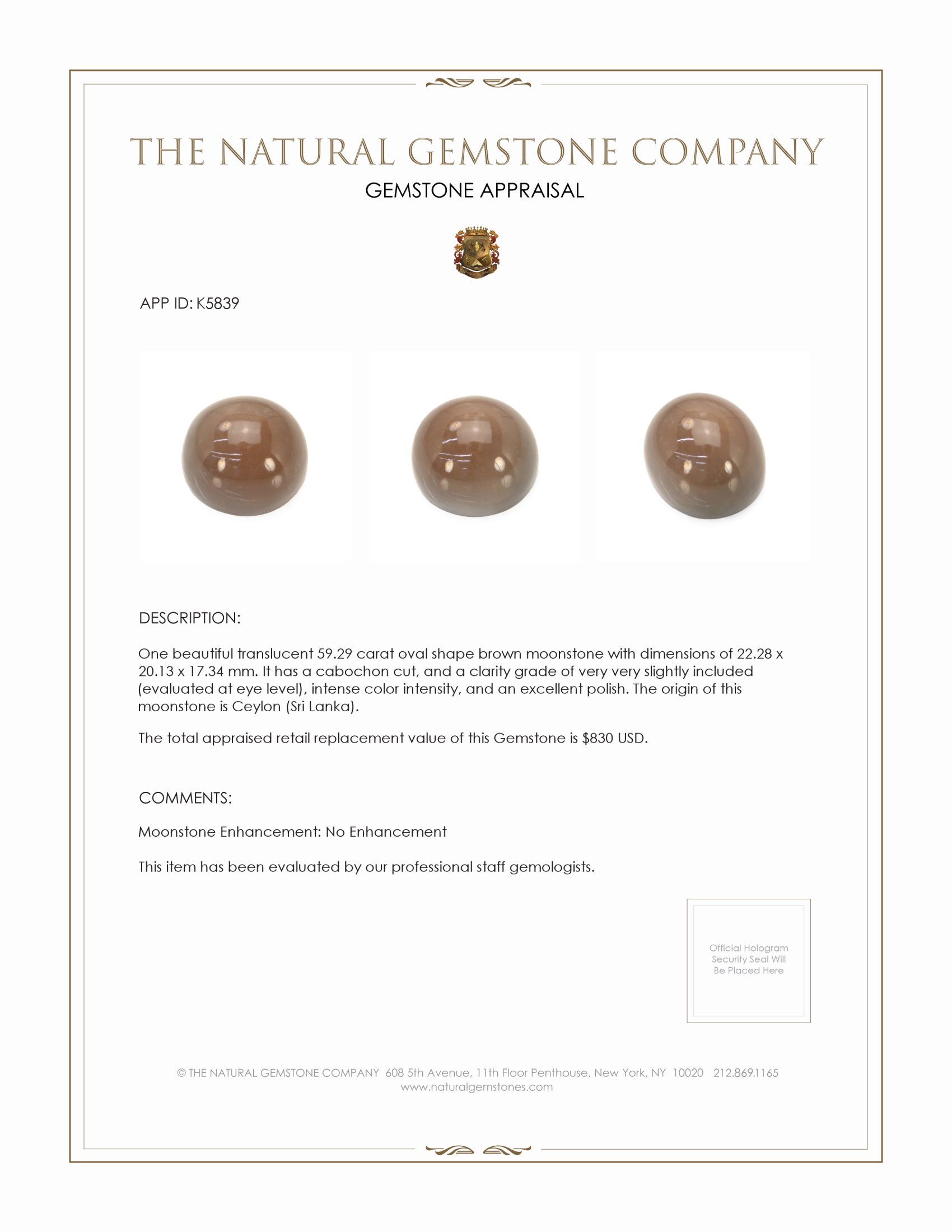 59.29 Ct. Cabochon Moonstone from Ceylon (Sri Lanka)