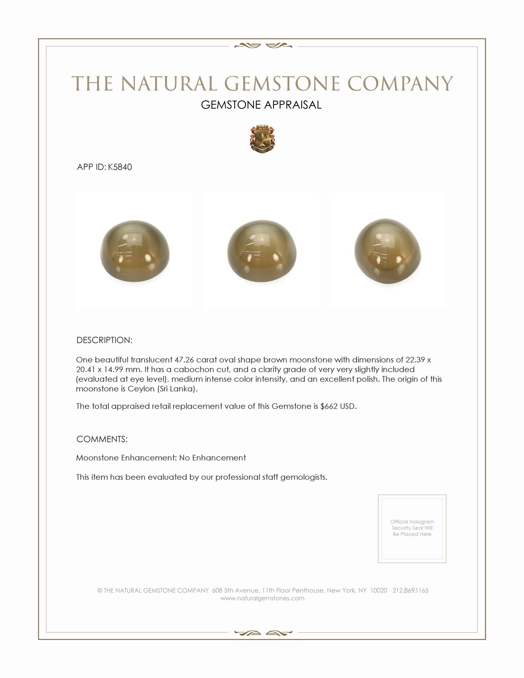 47.26 Ct. Brown Cabochon Moonstone from Ceylon (Sri Lanka)