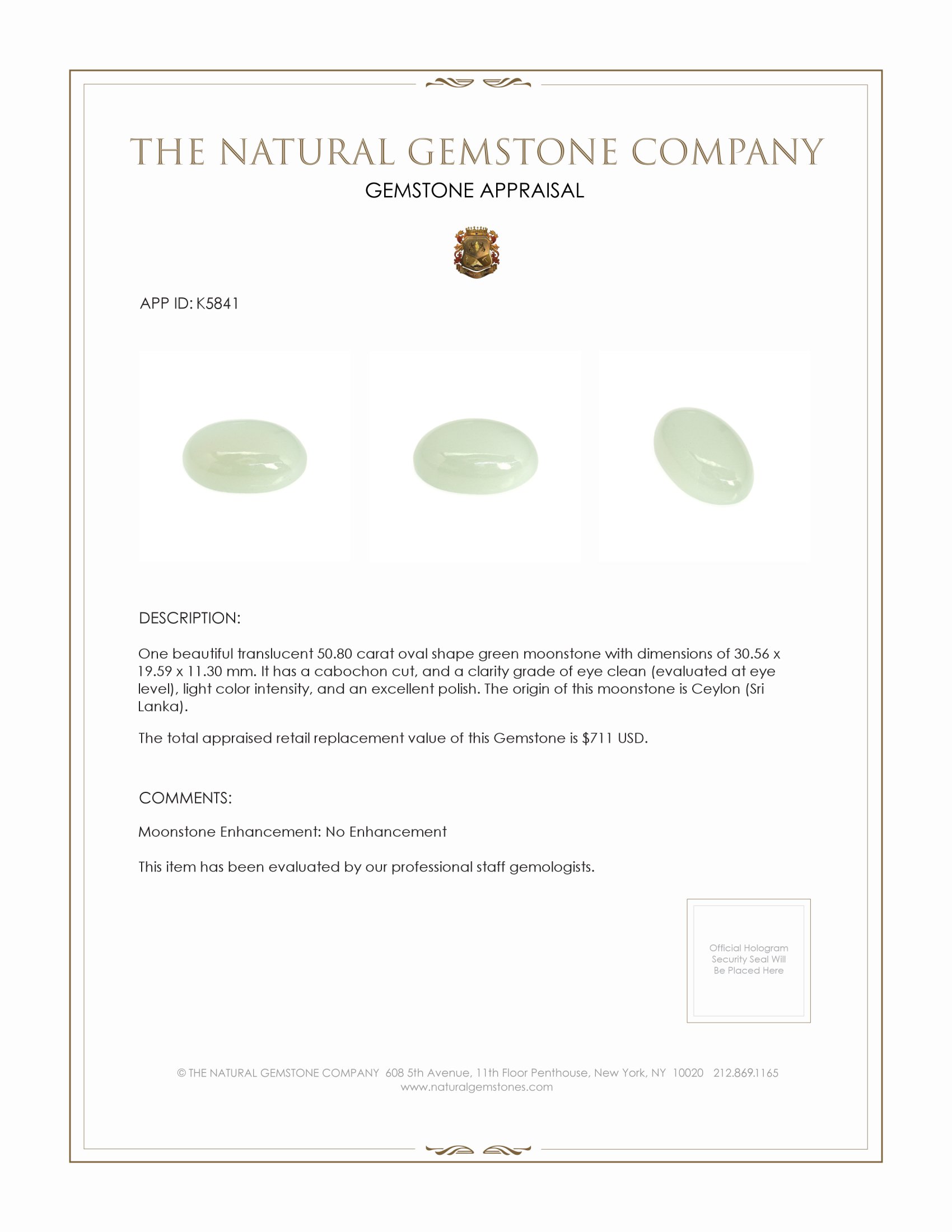 50.80 Ct. Cabochon Moonstone from Ceylon (Sri Lanka)