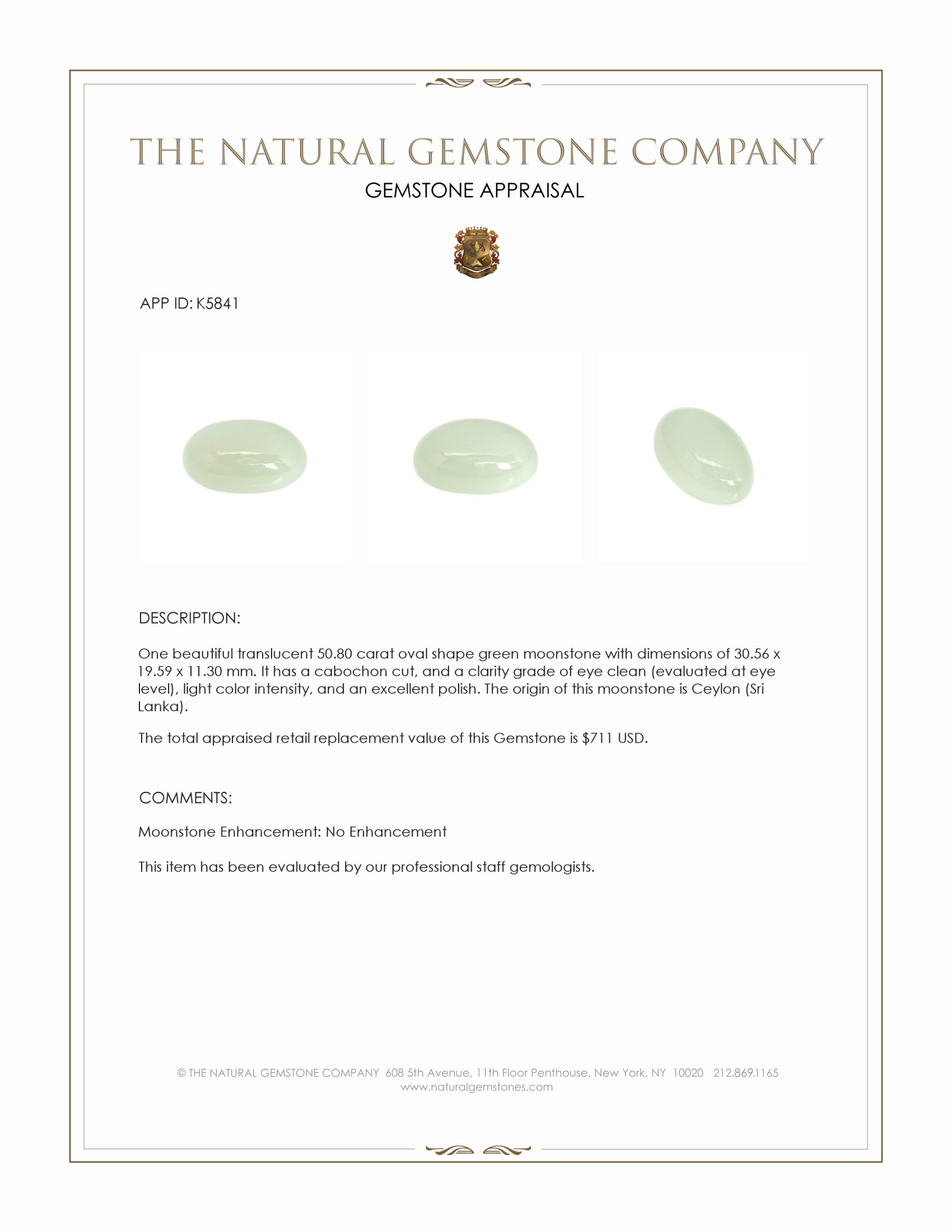 50.80 Ct. Green Cabochon Moonstone from Ceylon (Sri Lanka)