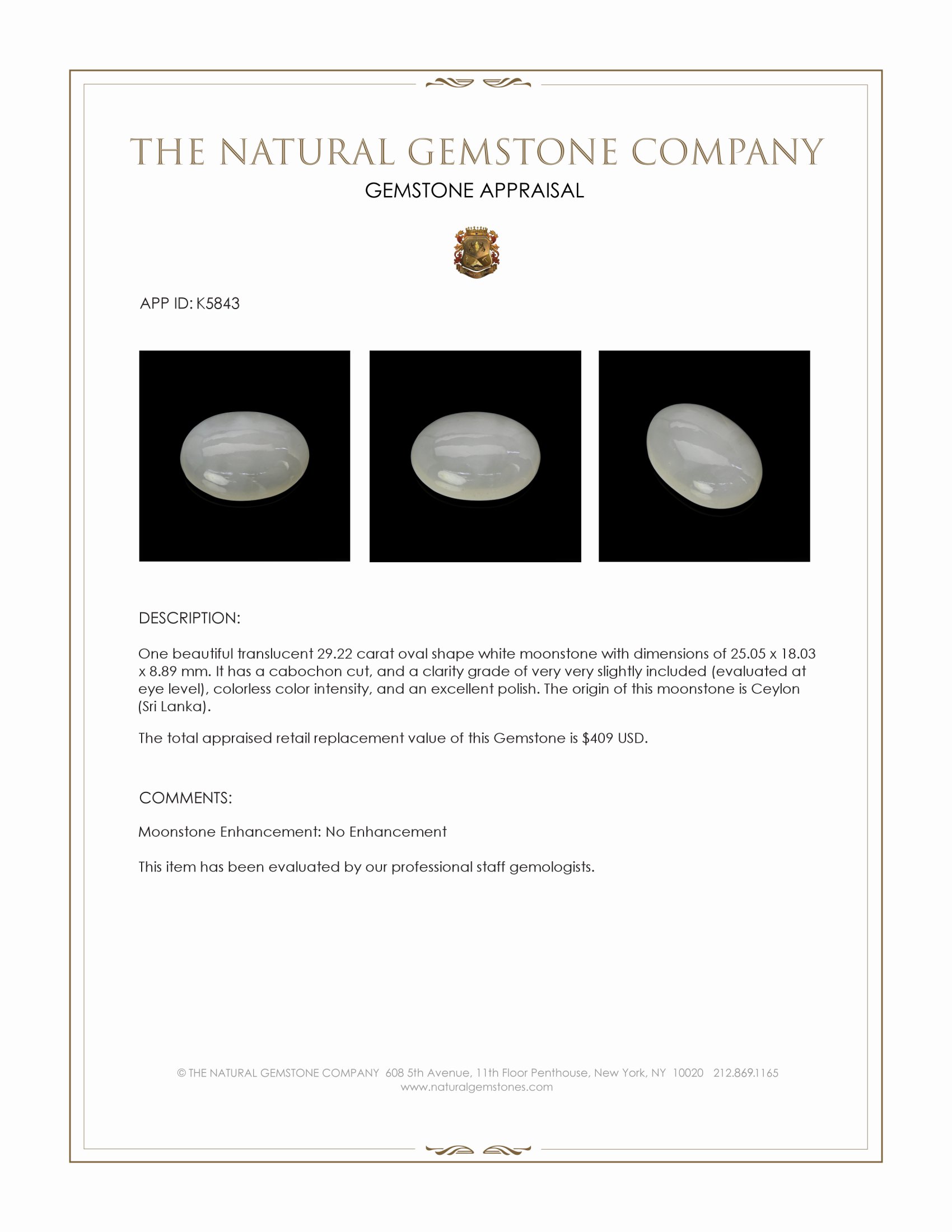 29.22 Ct. Cabochon Moonstone from Ceylon (Sri Lanka)