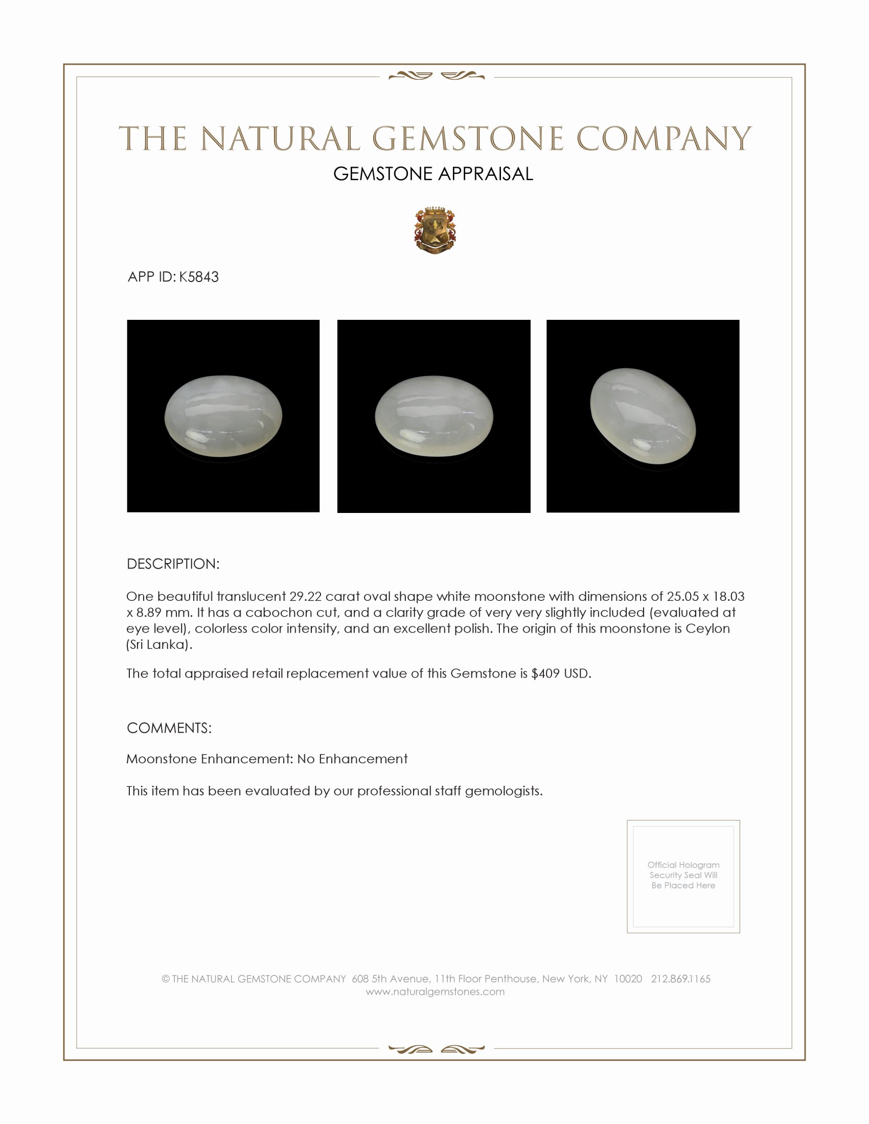 29.22 Ct. Cabochon Moonstone from Ceylon (Sri Lanka)