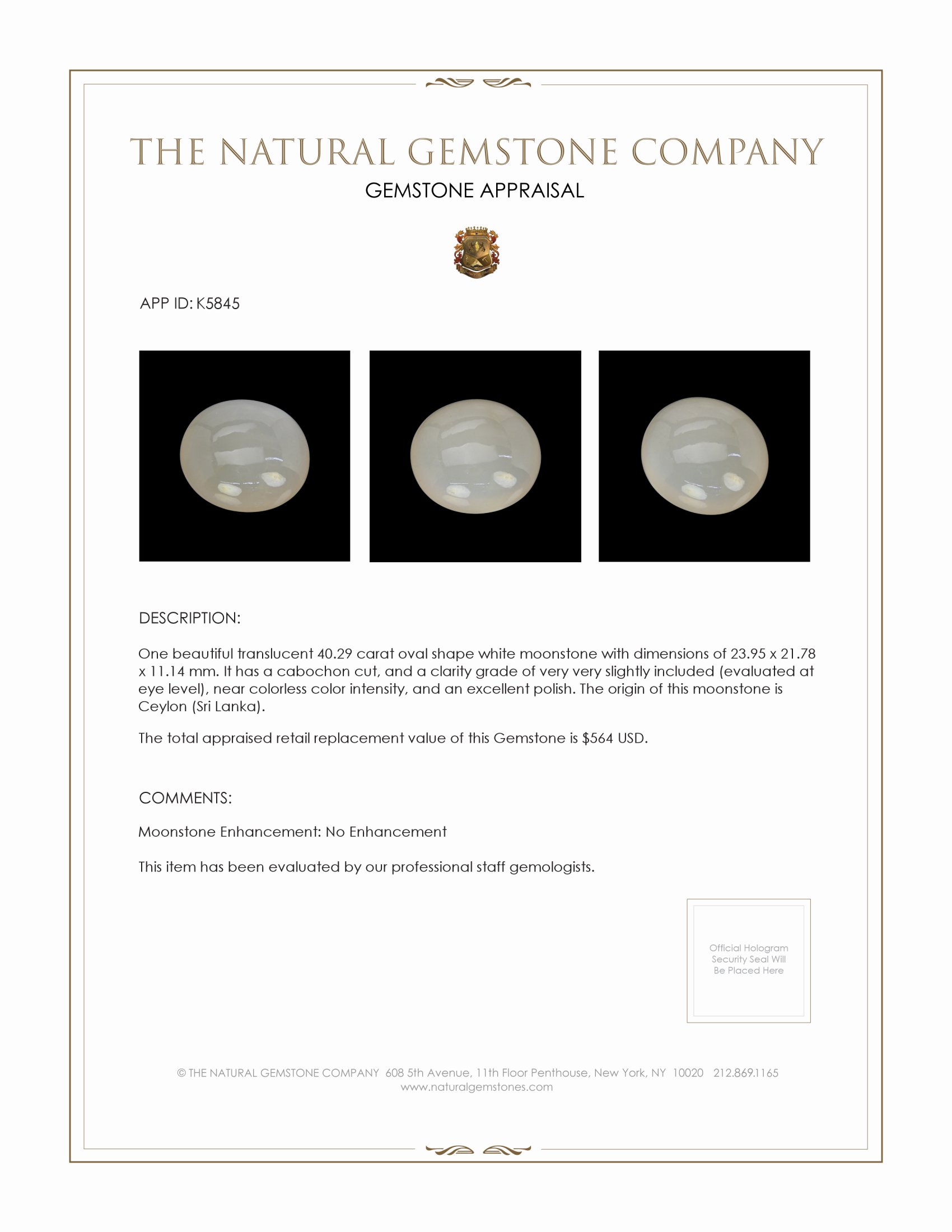 40.29 Ct. Cabochon Moonstone from Ceylon (Sri Lanka)