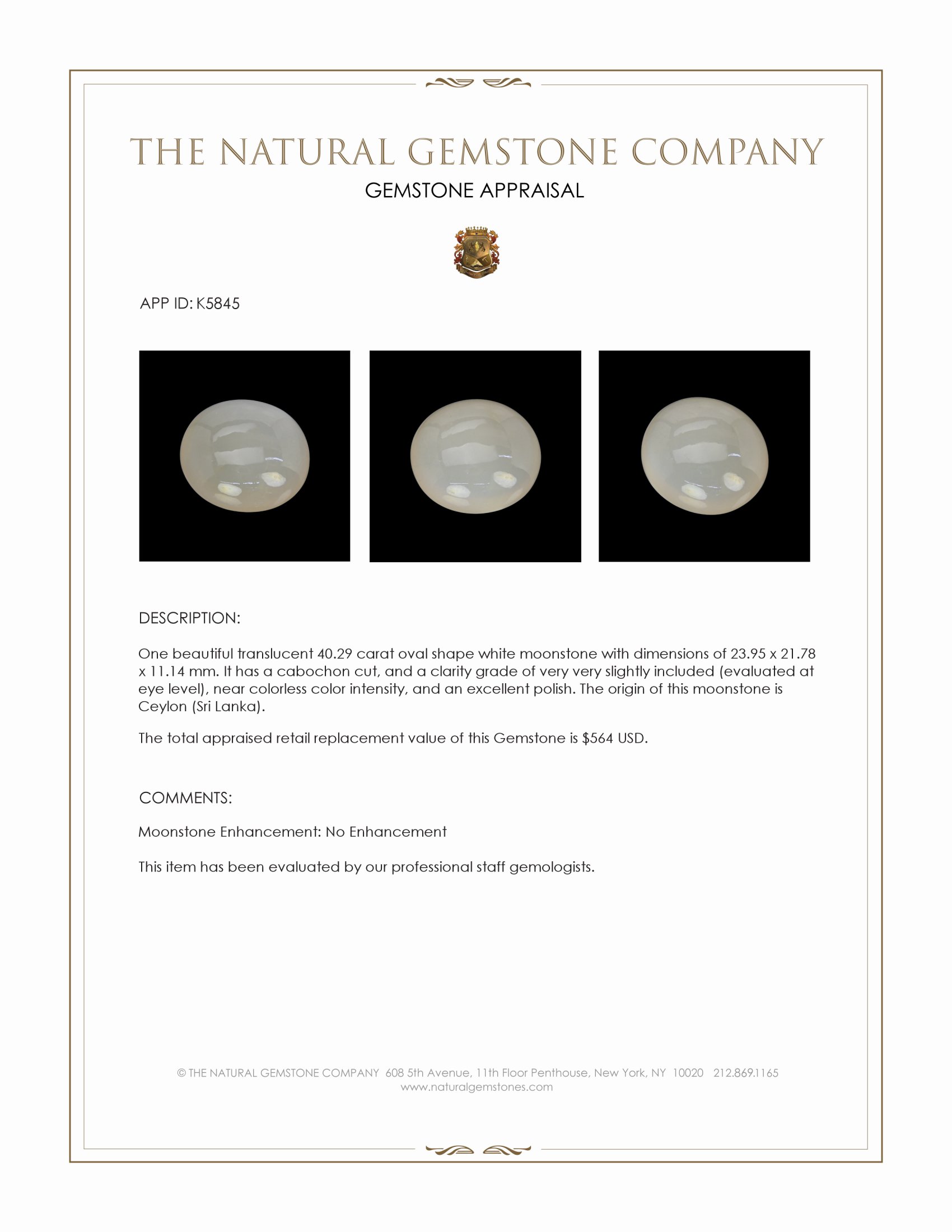 40.29 Ct. White Cabochon Moonstone from Ceylon (Sri Lanka)