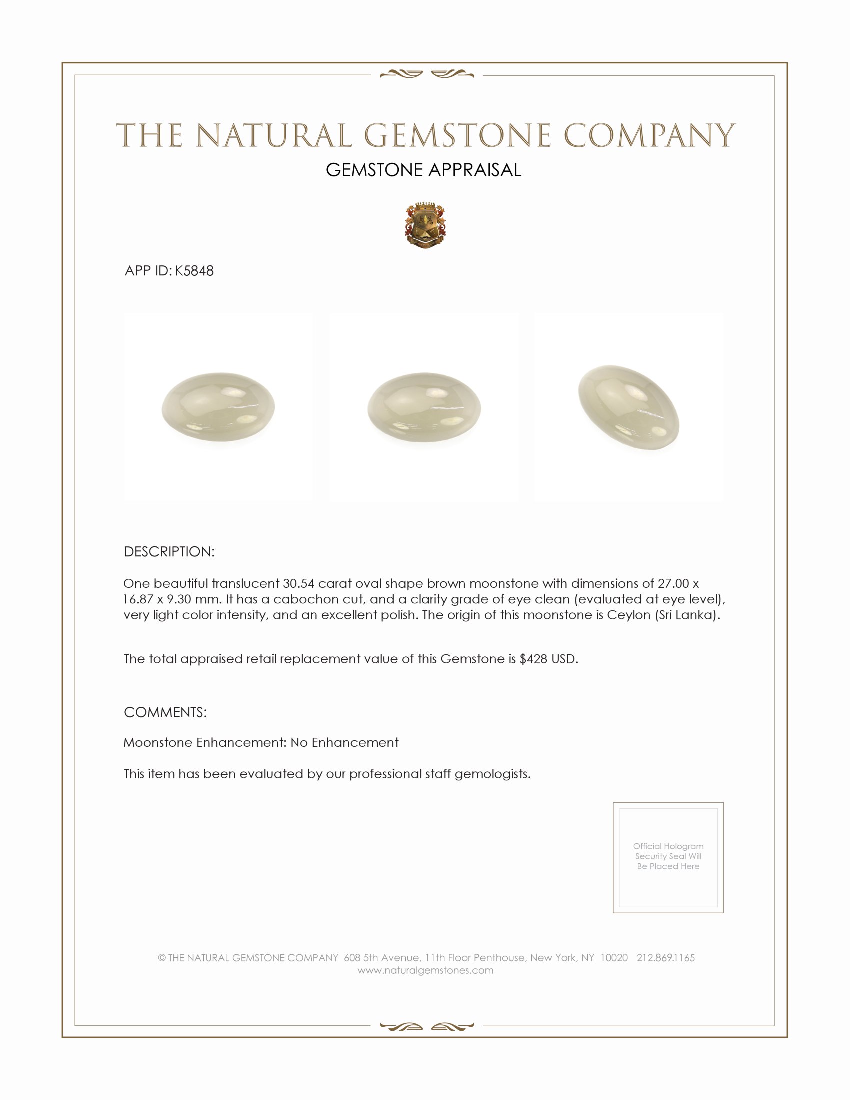 30.54 Ct. Grey Cabochon Moonstone from Ceylon (Sri Lanka)