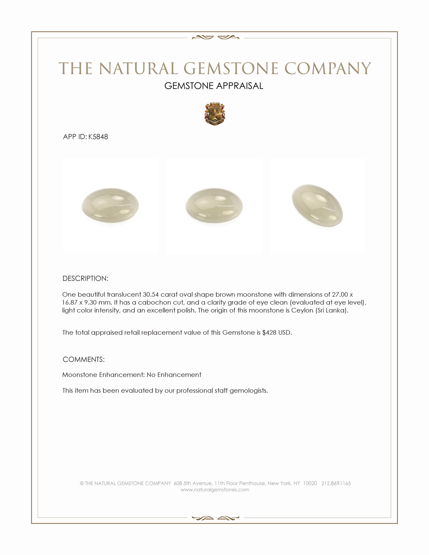 30.54 Ct. Cabochon Moonstone from Ceylon (Sri Lanka)