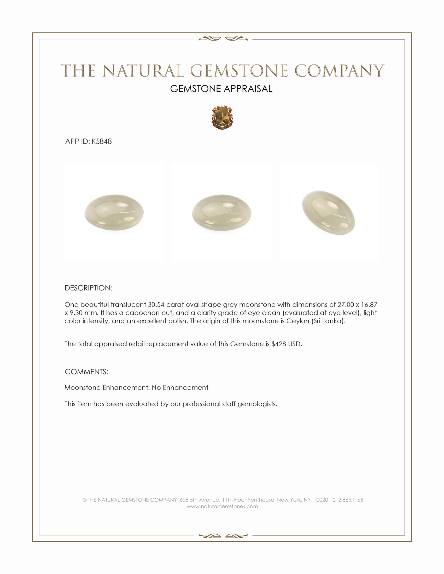 30.54 Ct. Cabochon Moonstone from Ceylon (Sri Lanka)