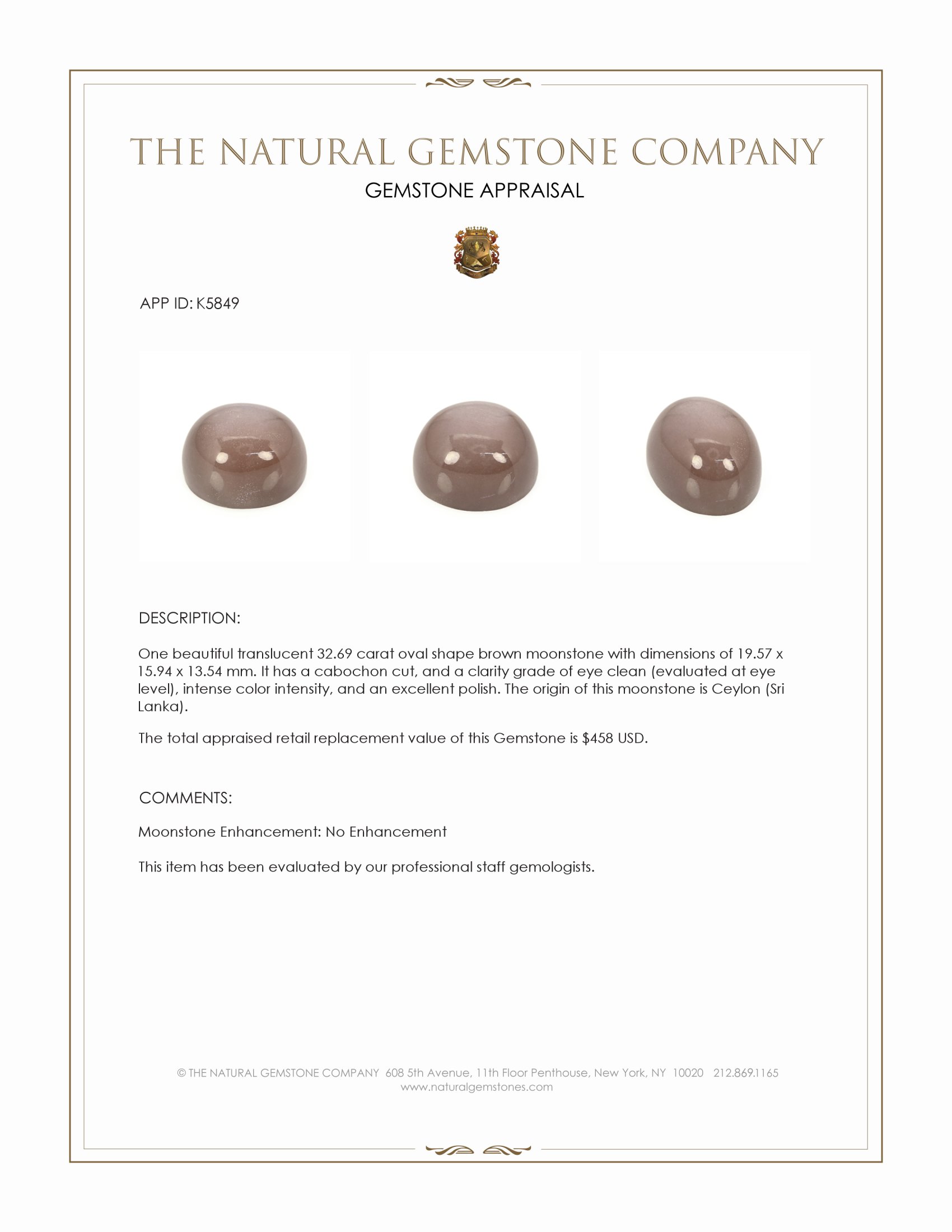 32.69 Ct. Brown Cabochon Moonstone from Ceylon (Sri Lanka)