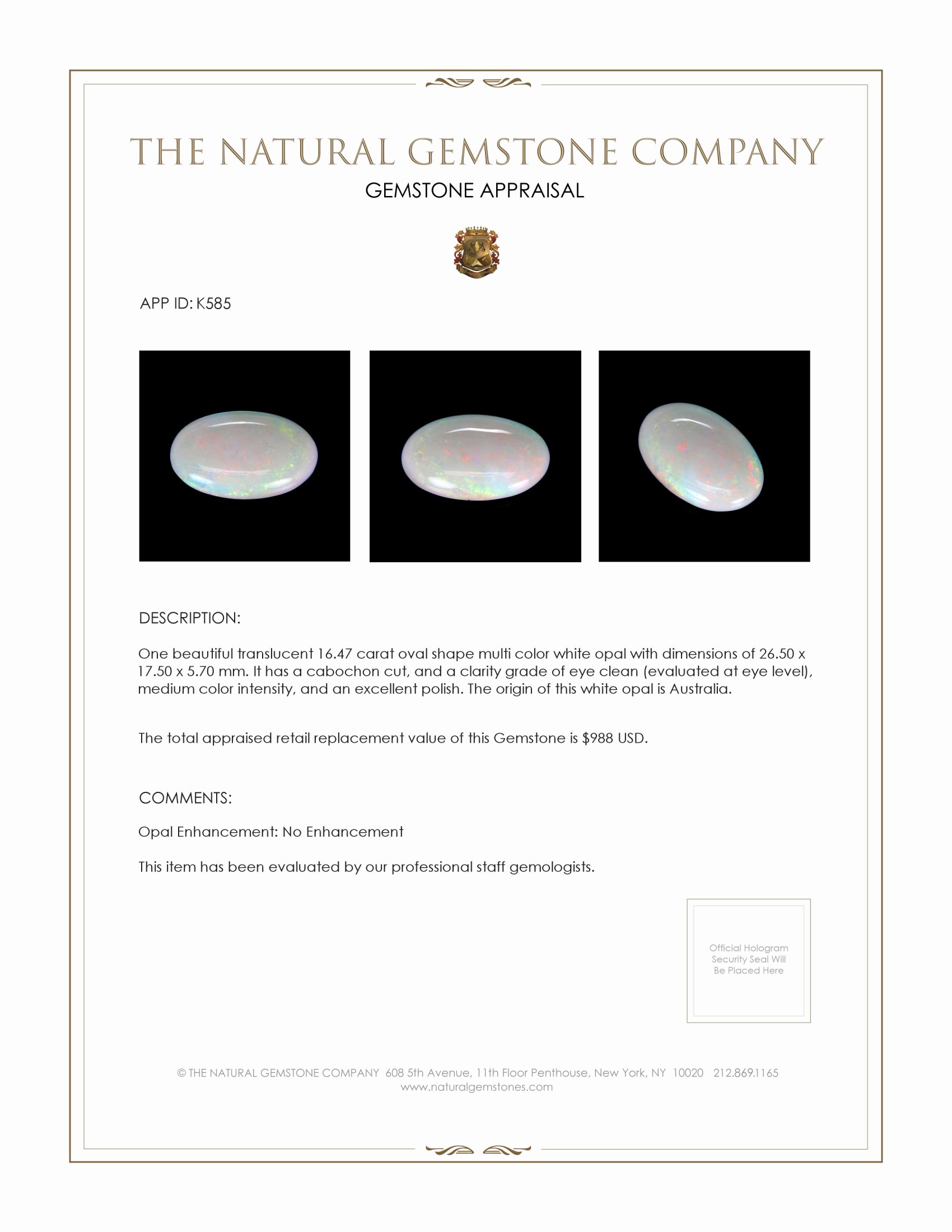 16.47 Ct. Cabochon White Opal from Australia