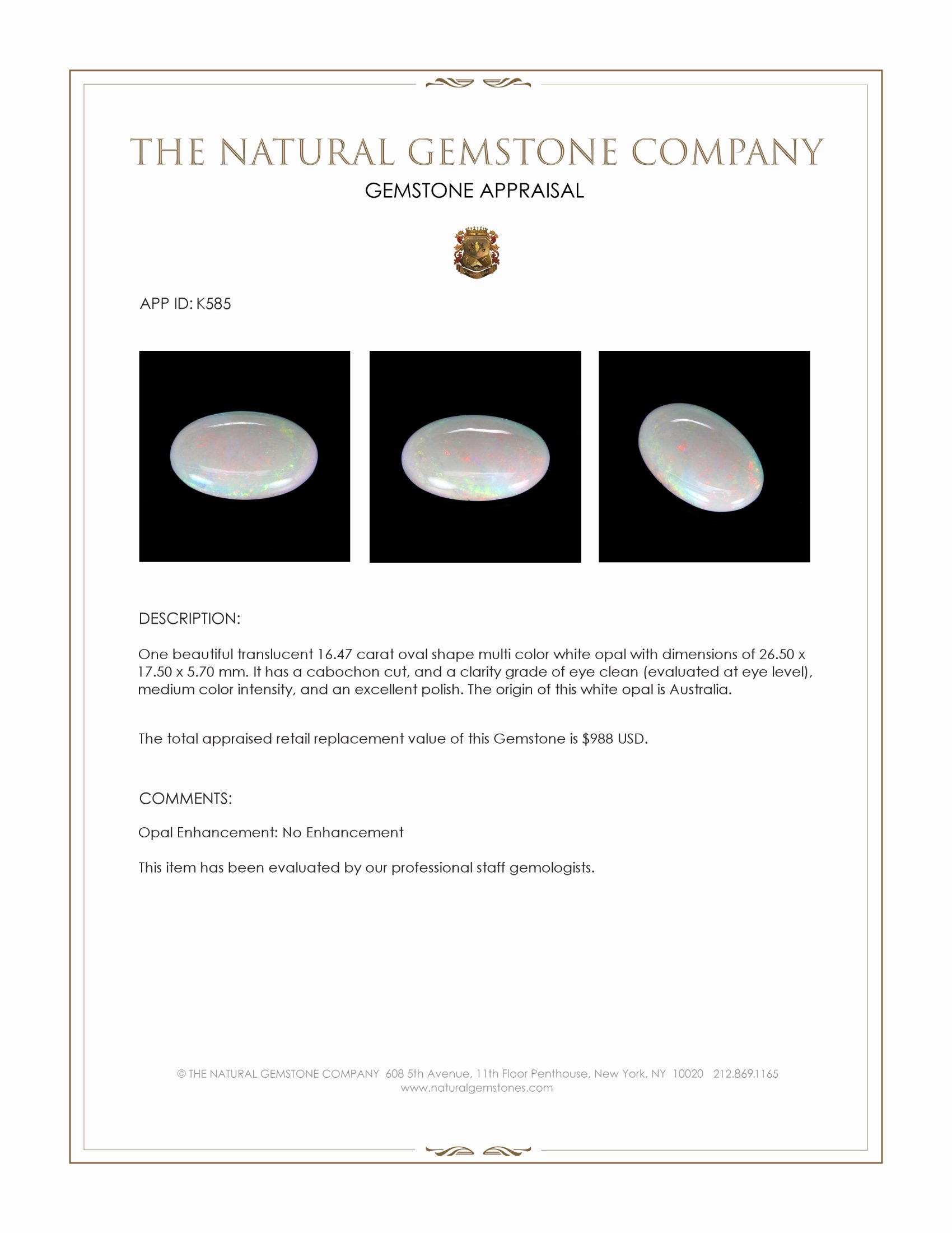 16.47 Ct. Multi Color Cabochon White Opal from Australia